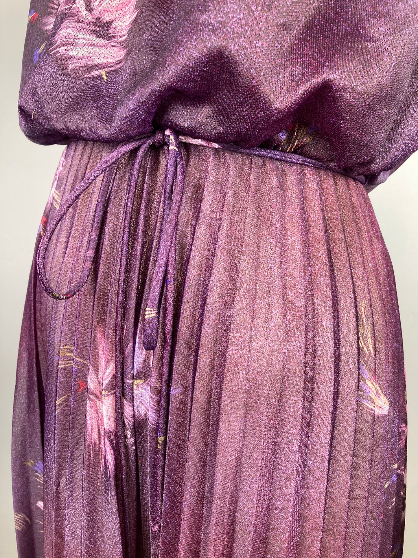 1970s Micropleated Sheer Dress, 70s Plum Floral Dress, Size S