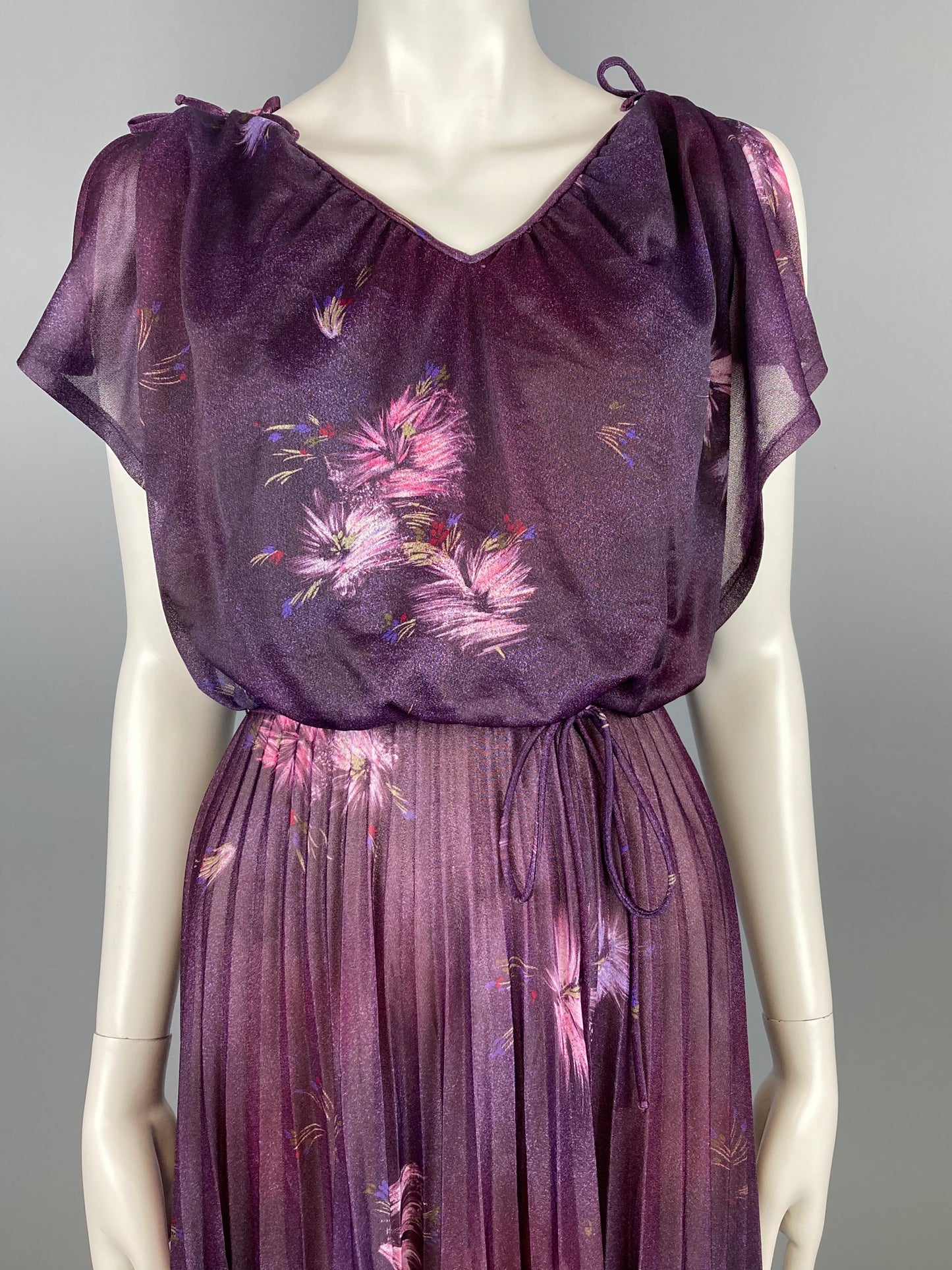 1970s Micropleated Sheer Dress, 70s Plum Floral Dress, Size S