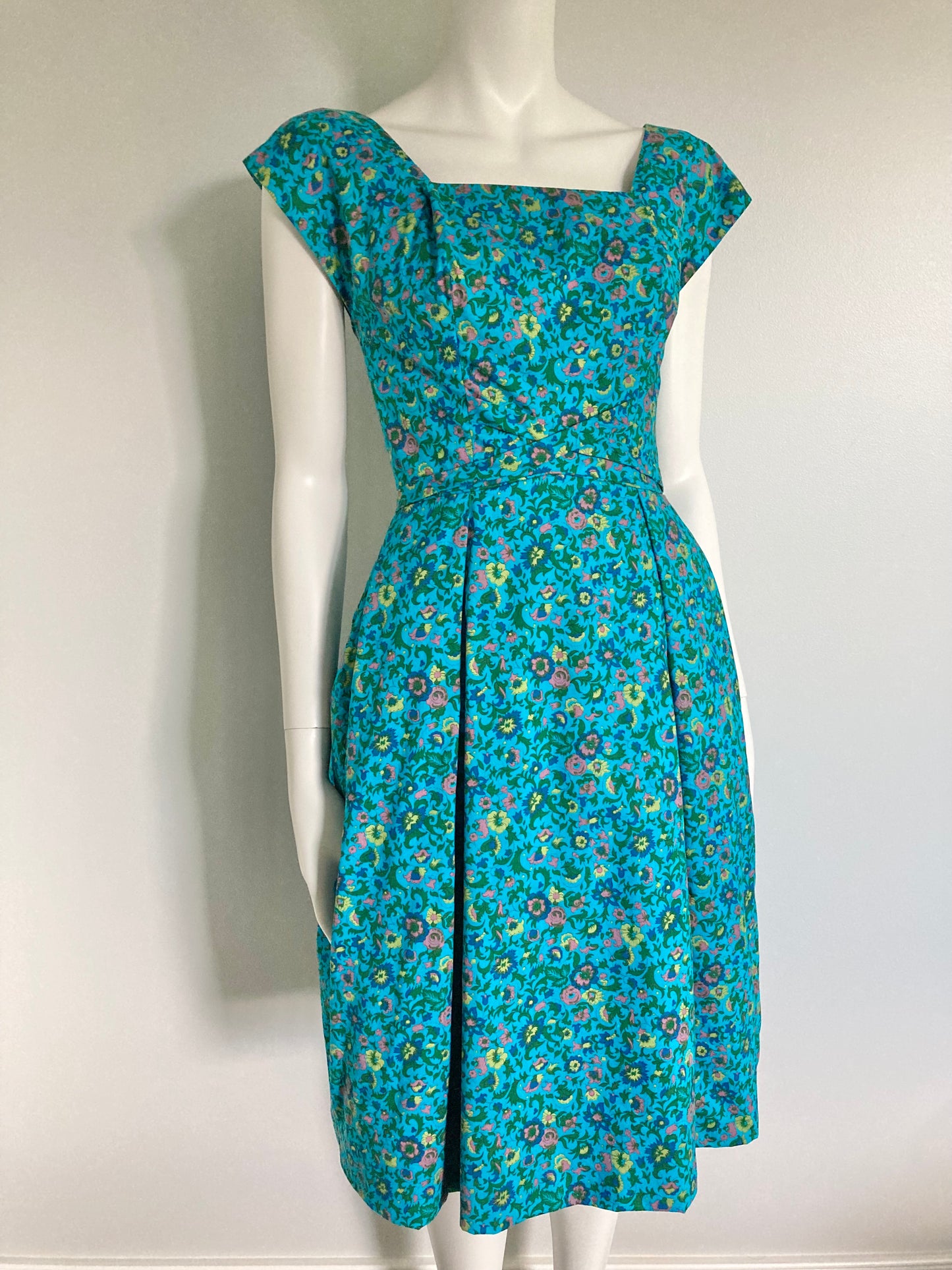 1950s Turquoise Floral Fit & Flare Dress, Size XS