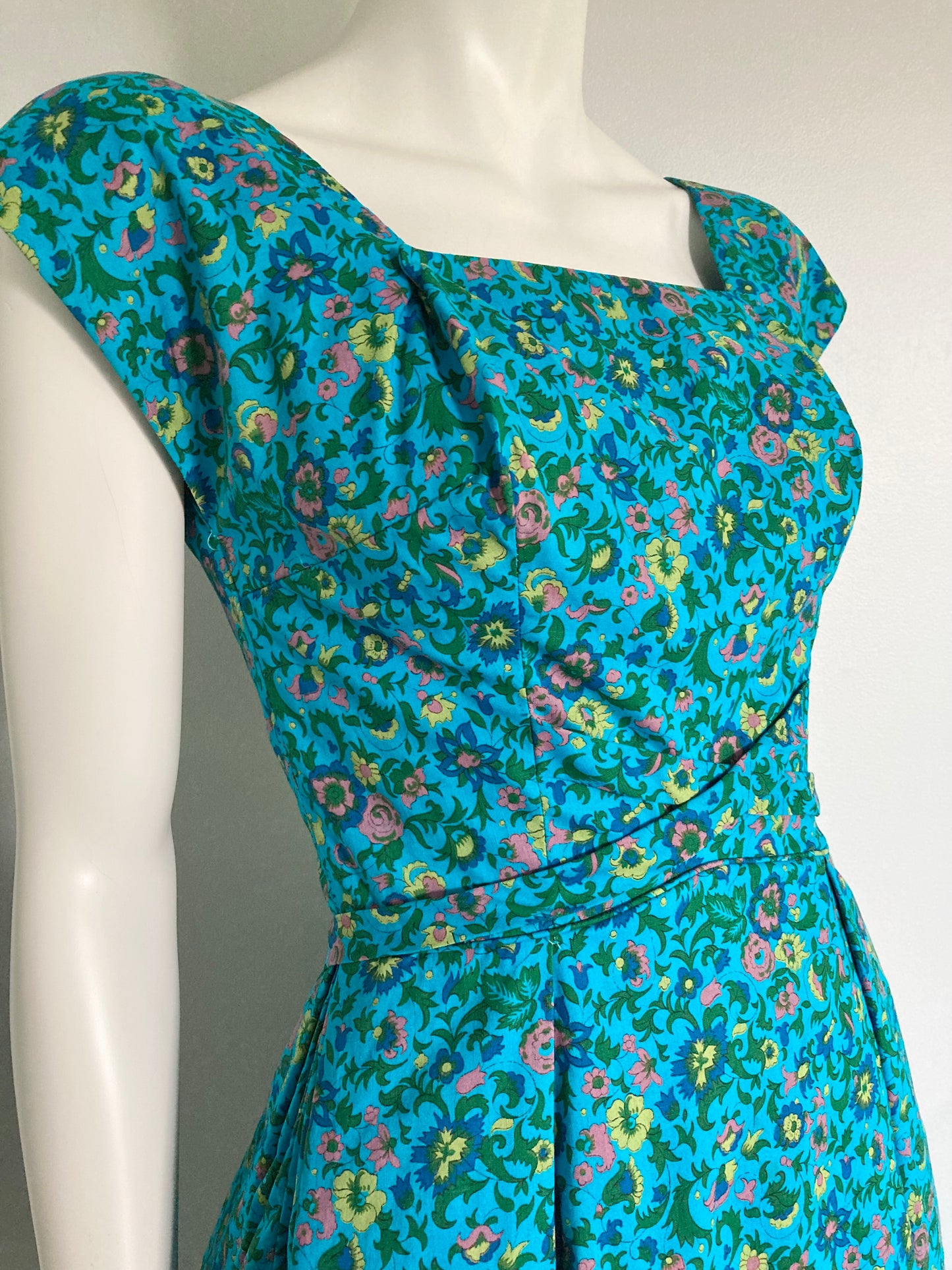 1950s Turquoise Floral Fit & Flare Dress, Size XS