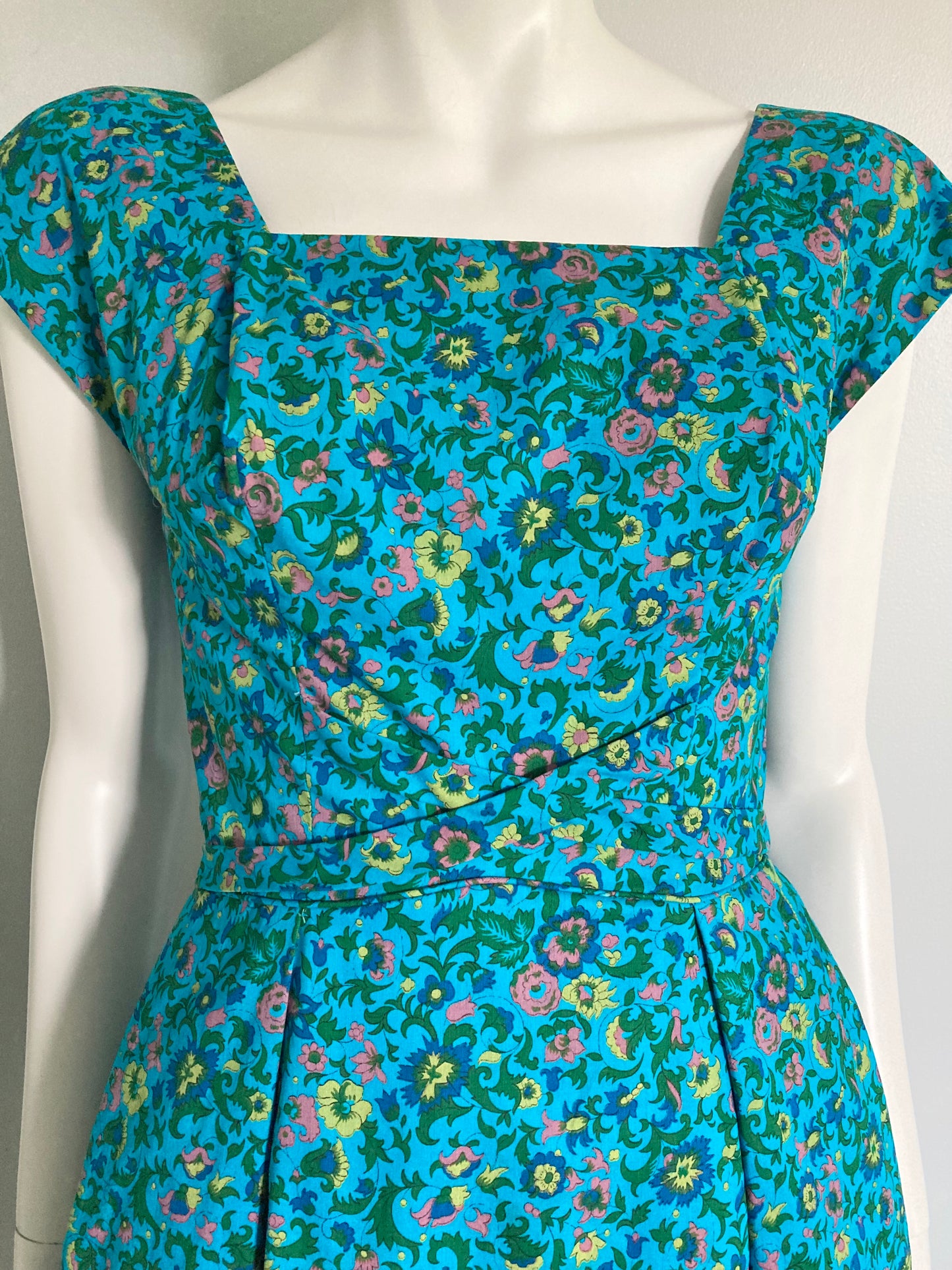 1950s Turquoise Floral Fit & Flare Dress, Size XS