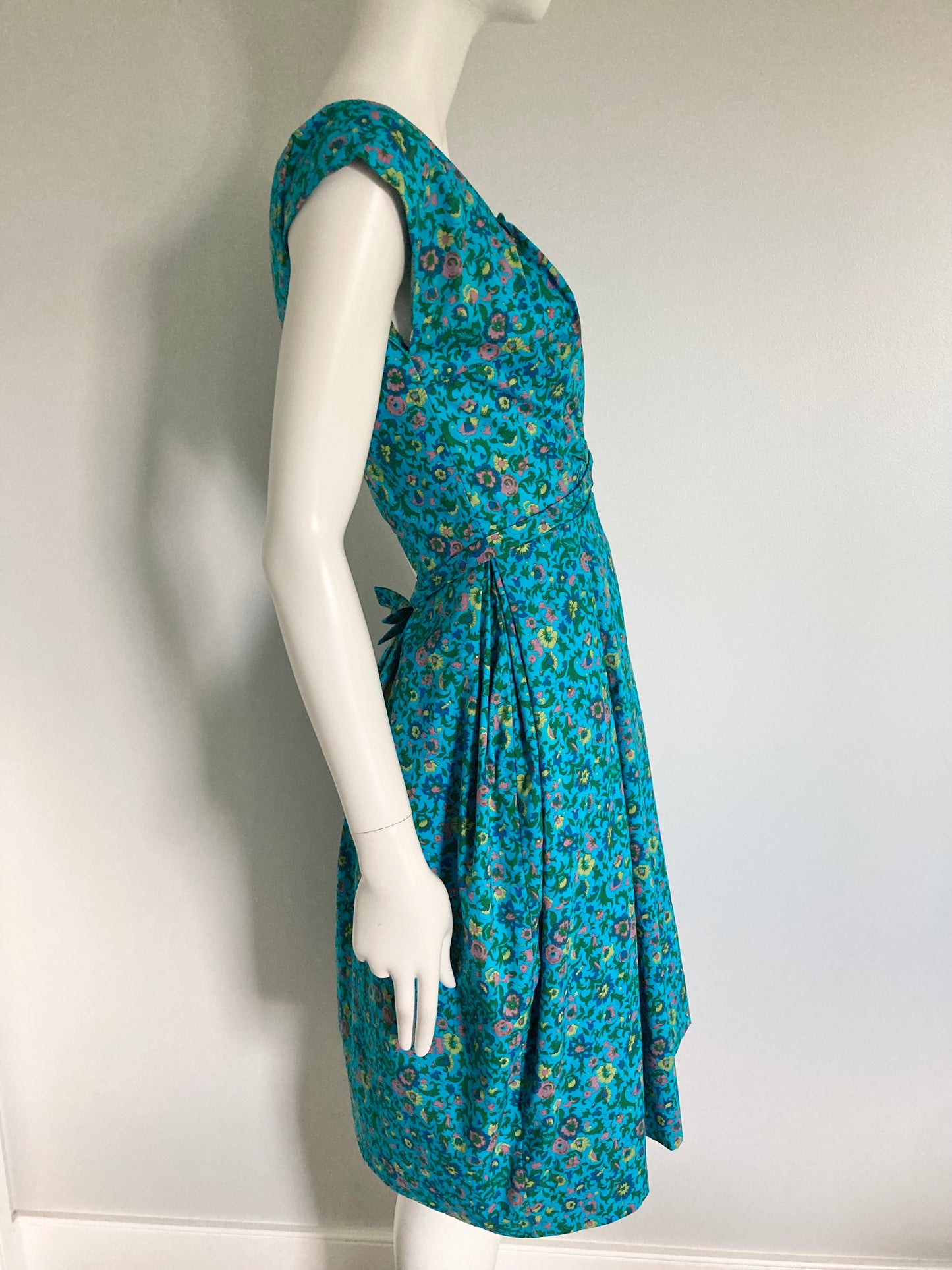 1950s Turquoise Floral Fit & Flare Dress, Size XS