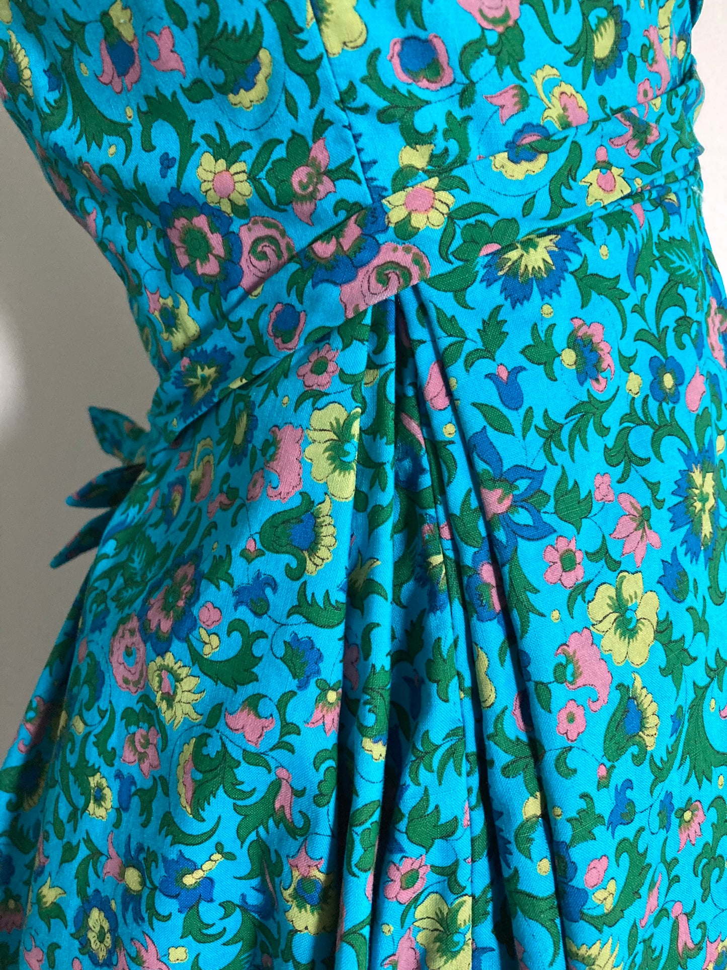 1950s Turquoise Floral Fit & Flare Dress, Size XS