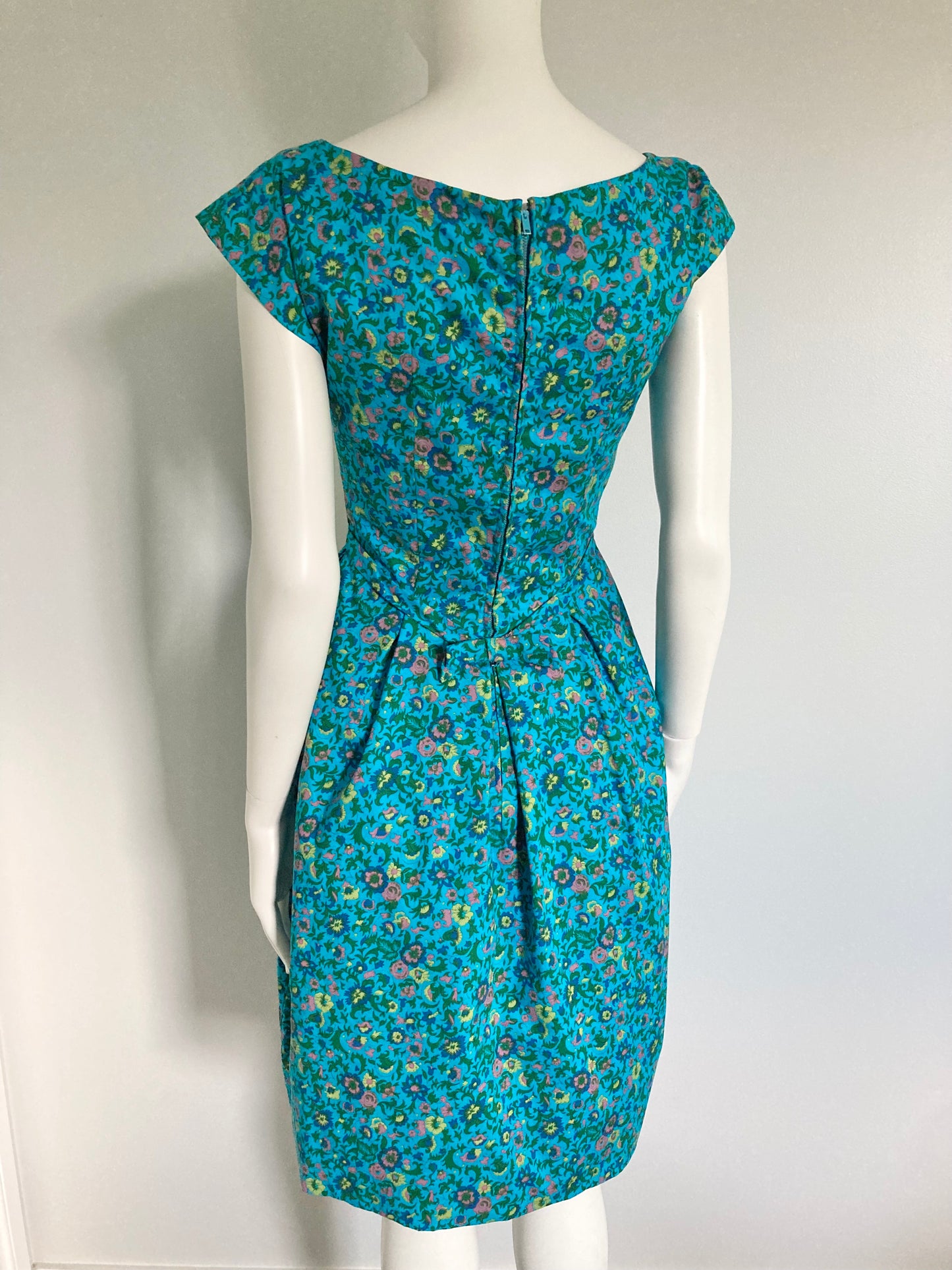 1950s Turquoise Floral Fit & Flare Dress, Size XS