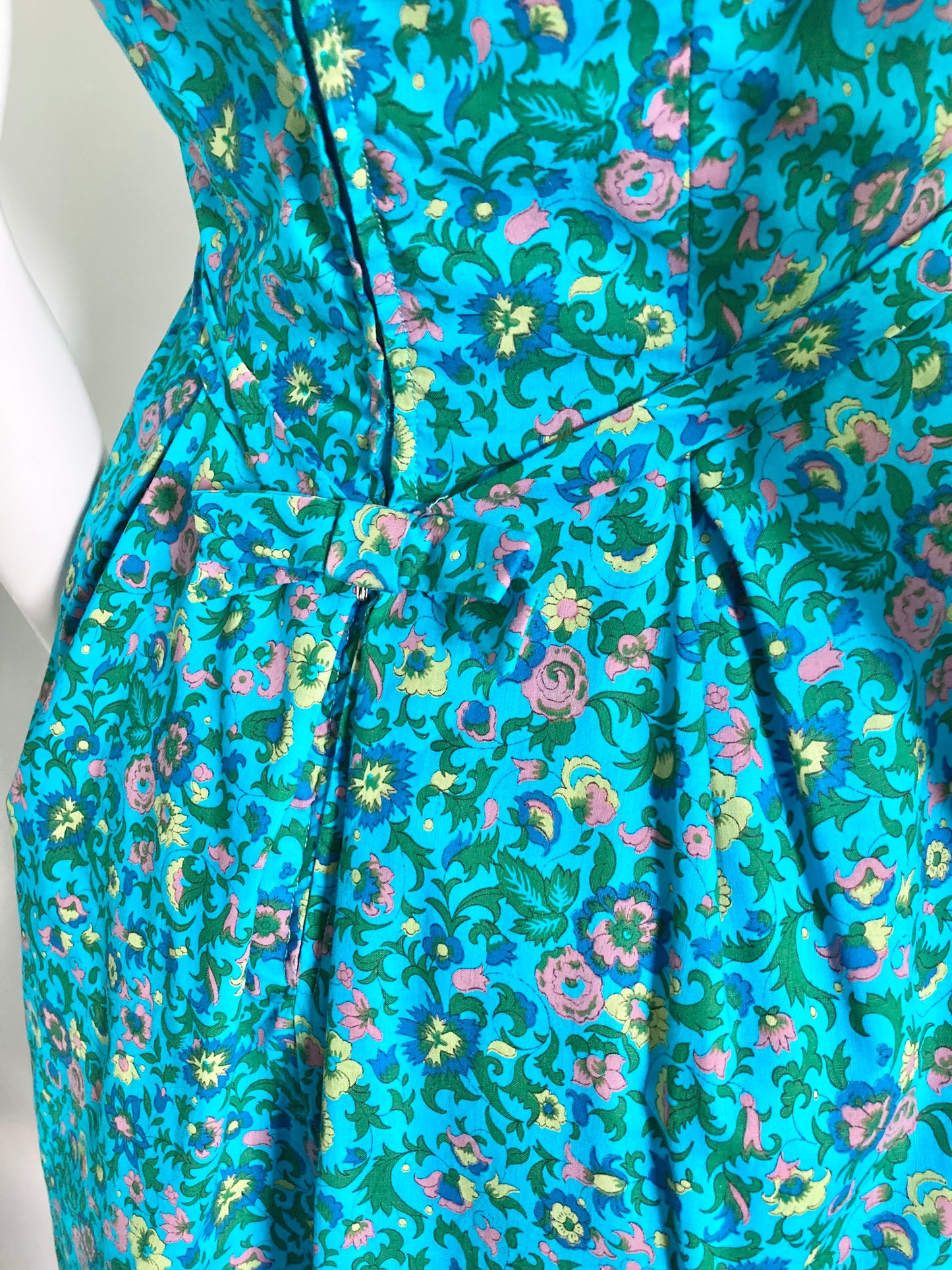 1950s Turquoise Floral Fit & Flare Dress, Size XS