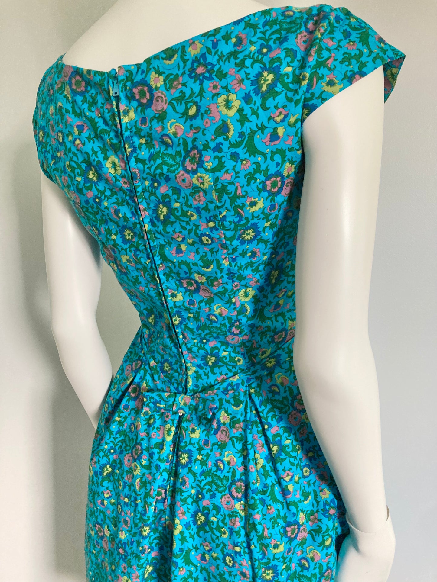 1950s Turquoise Floral Fit & Flare Dress, Size XS