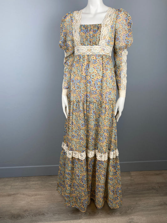 1970s Gauzy Peasant Dress, Vintage Boho Maxi, Vintage Prairie Maxi Dress, Size M