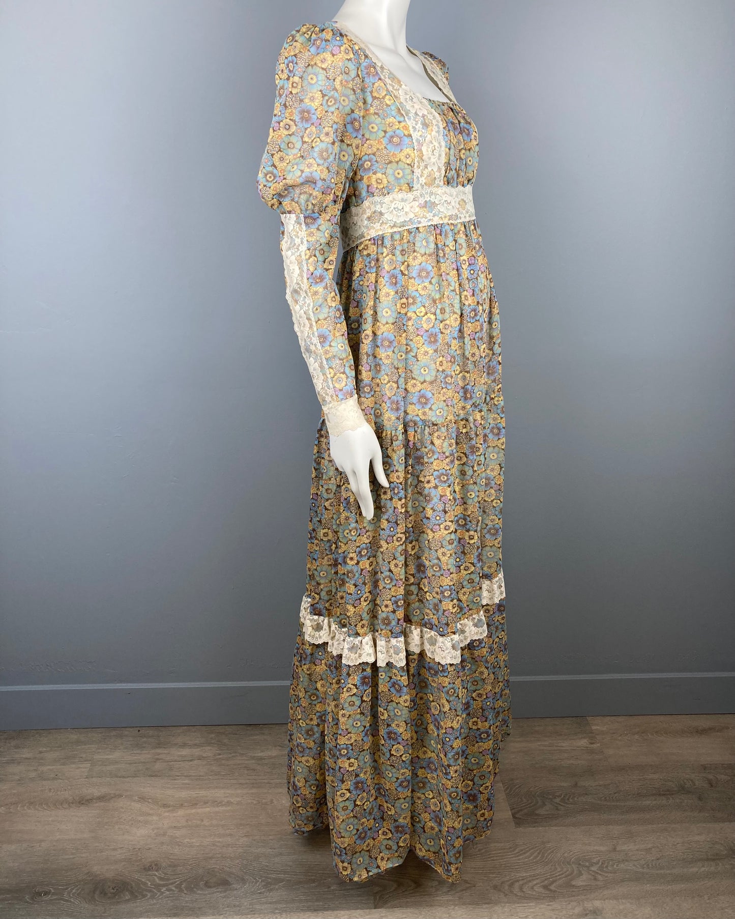 1970s Gauzy Peasant Dress, Vintage Boho Maxi, Vintage Prairie Maxi Dress, Size M