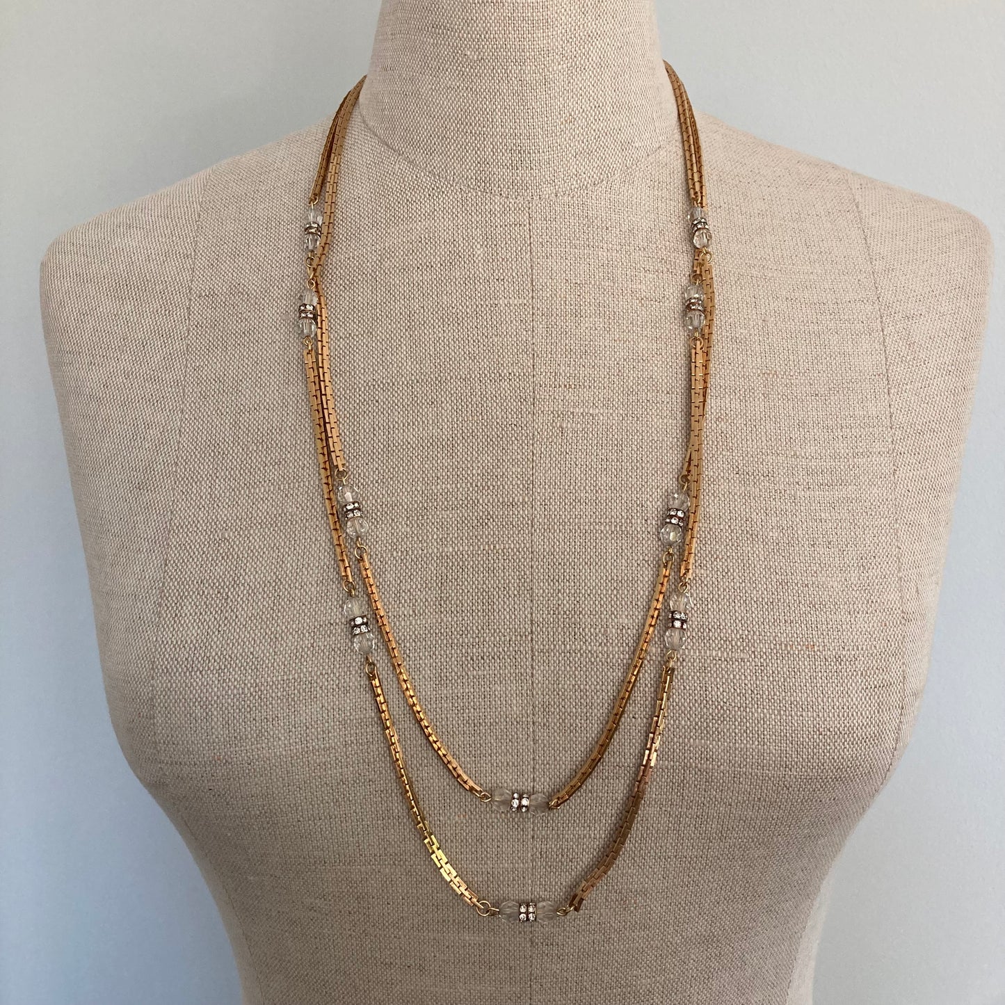 1970s Sherman Crystal and Gold Chain Necklace, 70s Sherman Double Strand Necklace