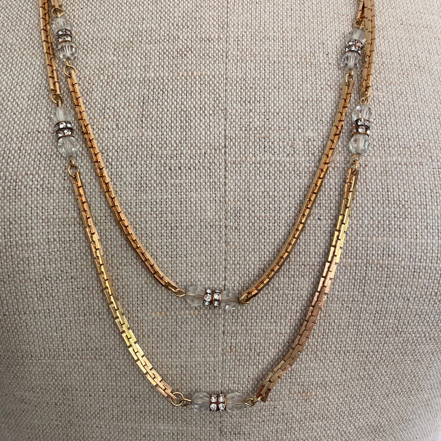 1970s Sherman Crystal and Gold Chain Necklace, 70s Sherman Double Strand Necklace