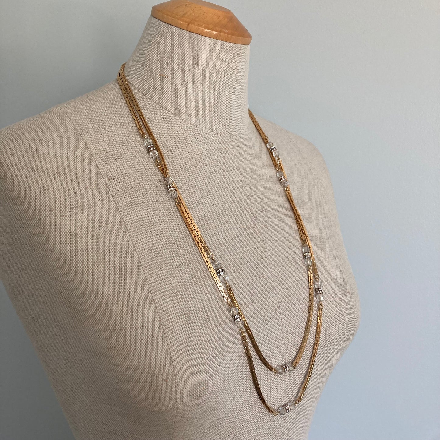 1970s Sherman Crystal and Gold Chain Necklace, 70s Sherman Double Strand Necklace