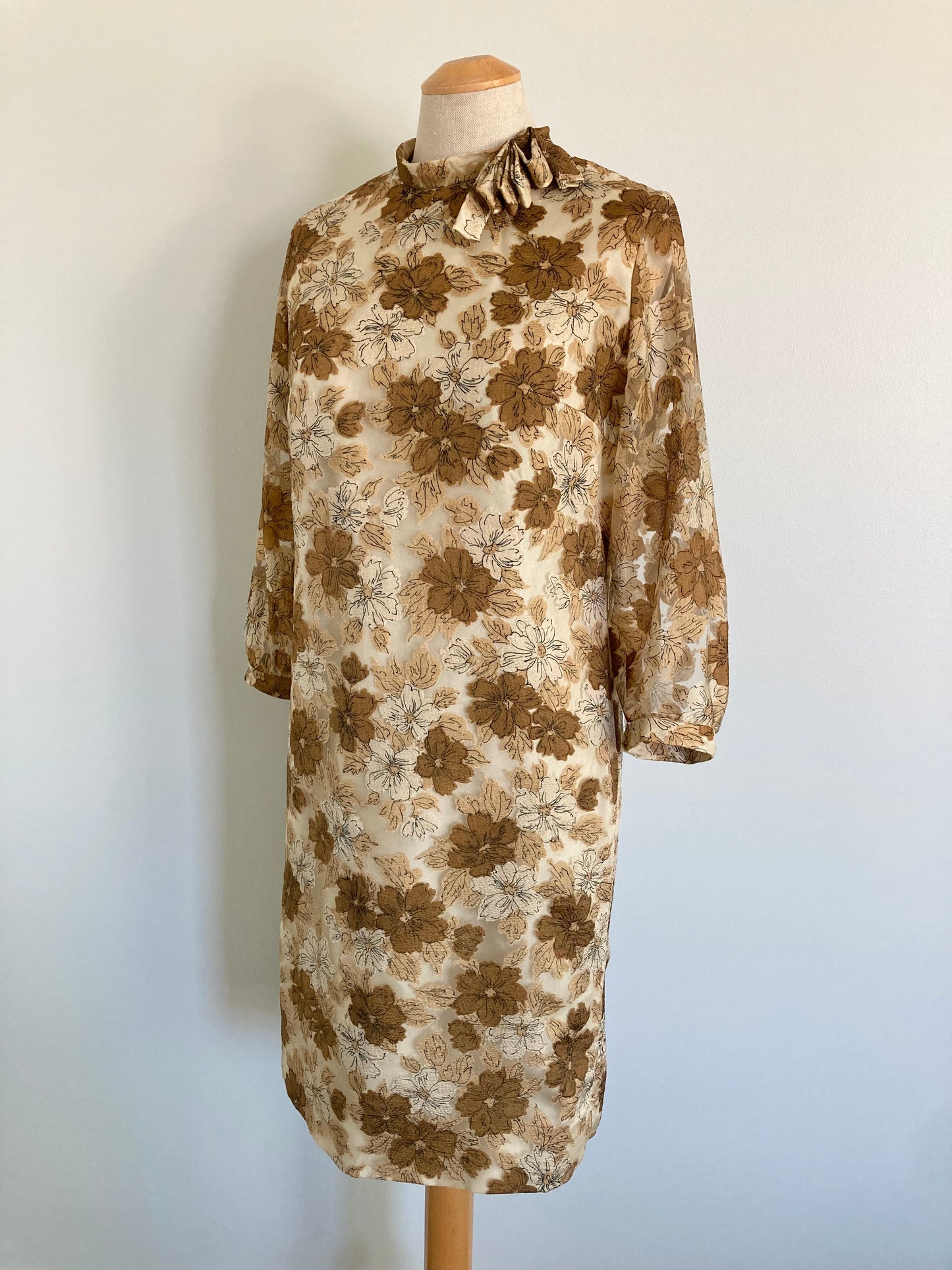 1960s Mod Crinkle Chiffon Shift Dress, Mod Floral Shift with Sheer Sleeves, Size S