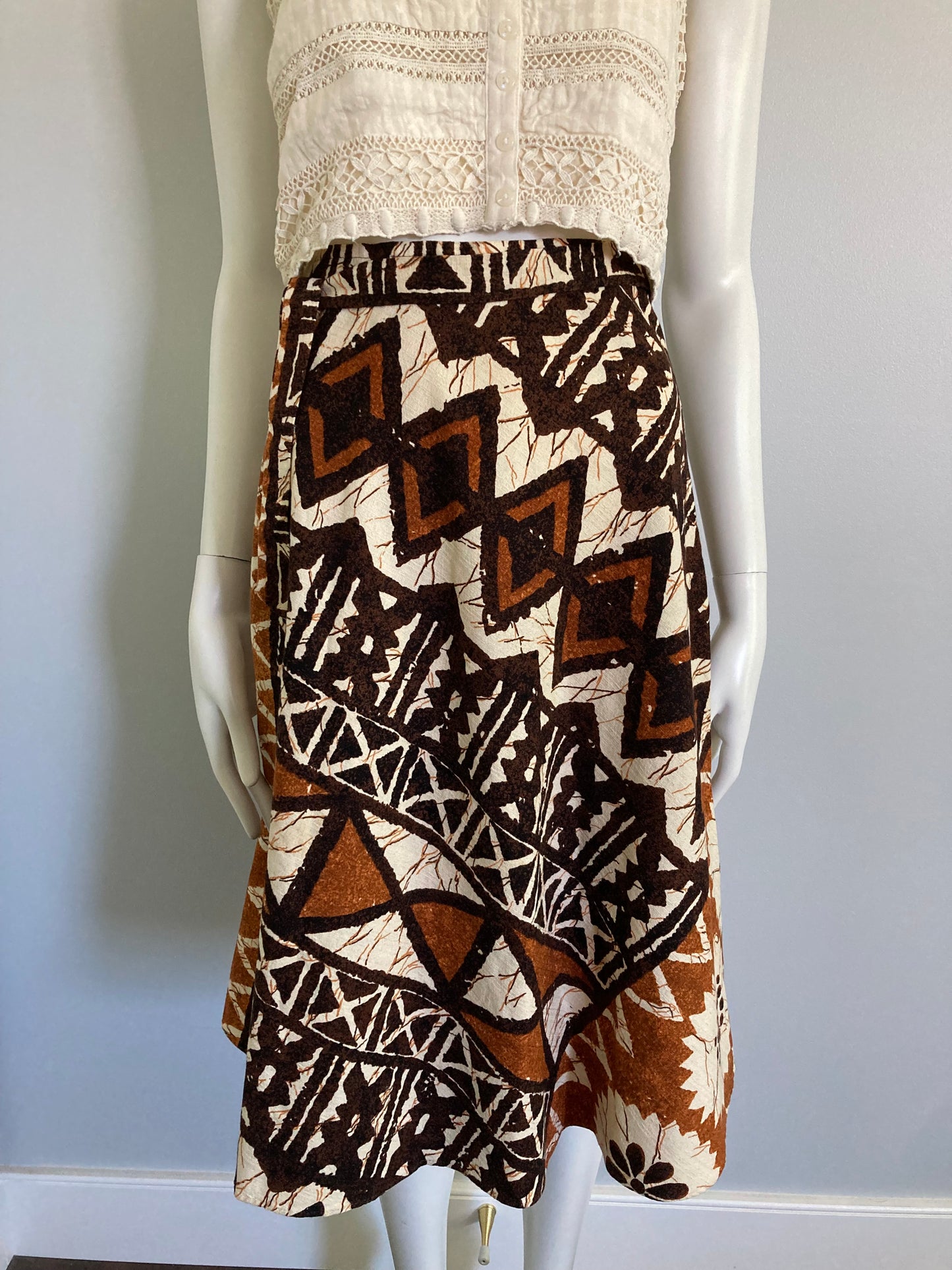 1970s Barkcloth Tiki Wrap Skirt, Size S, Hawaiian Barkcloth Wrap Skirt