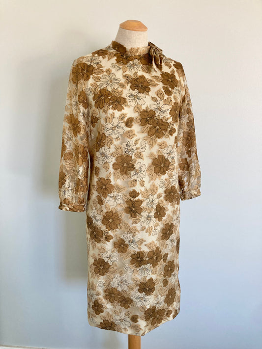 1960s Mod Crinkle Chiffon Shift Dress, Mod Floral Shift with Sheer Sleeves, Size S