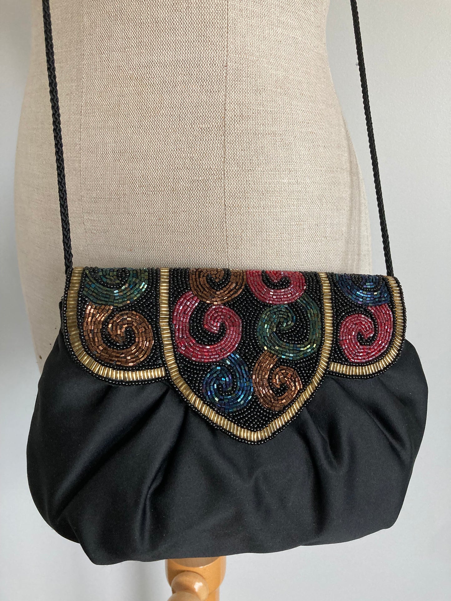 1990s Beaded Black Evening  Bag with Cord Shoulder Strap