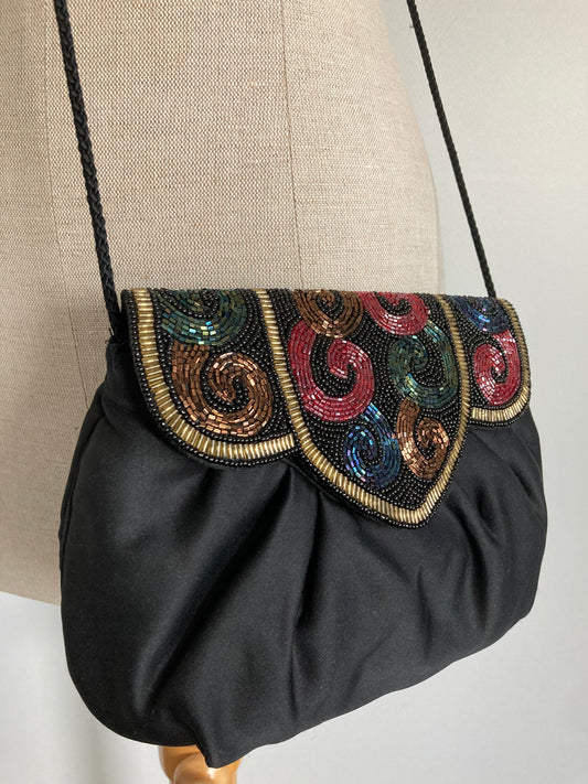 1990s Beaded Black Evening  Bag with Cord Shoulder Strap