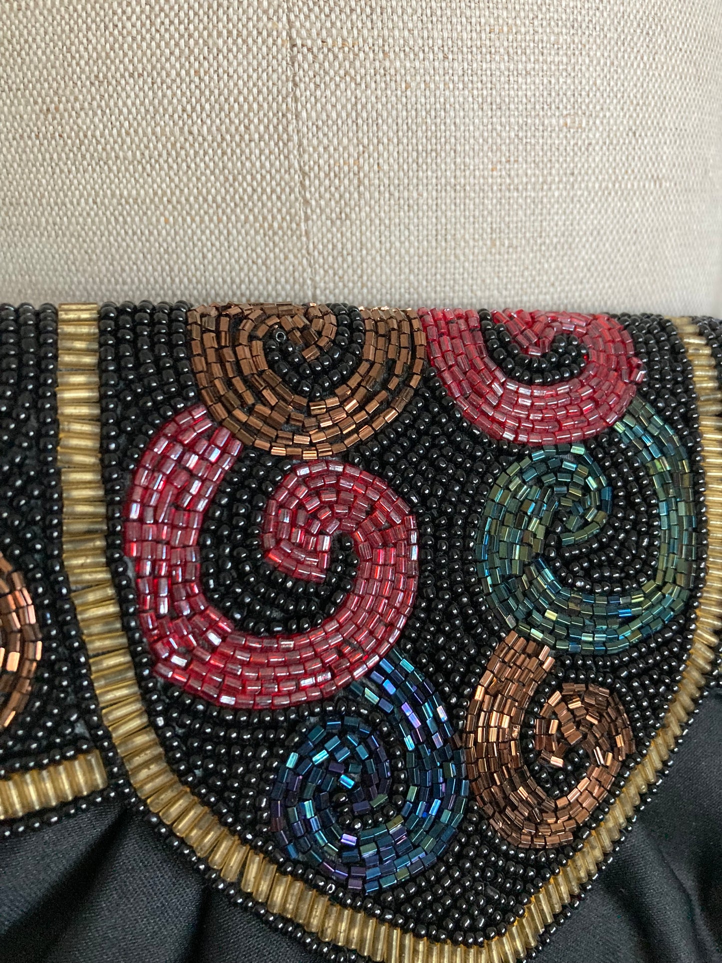 1990s Beaded Black Evening  Bag with Cord Shoulder Strap