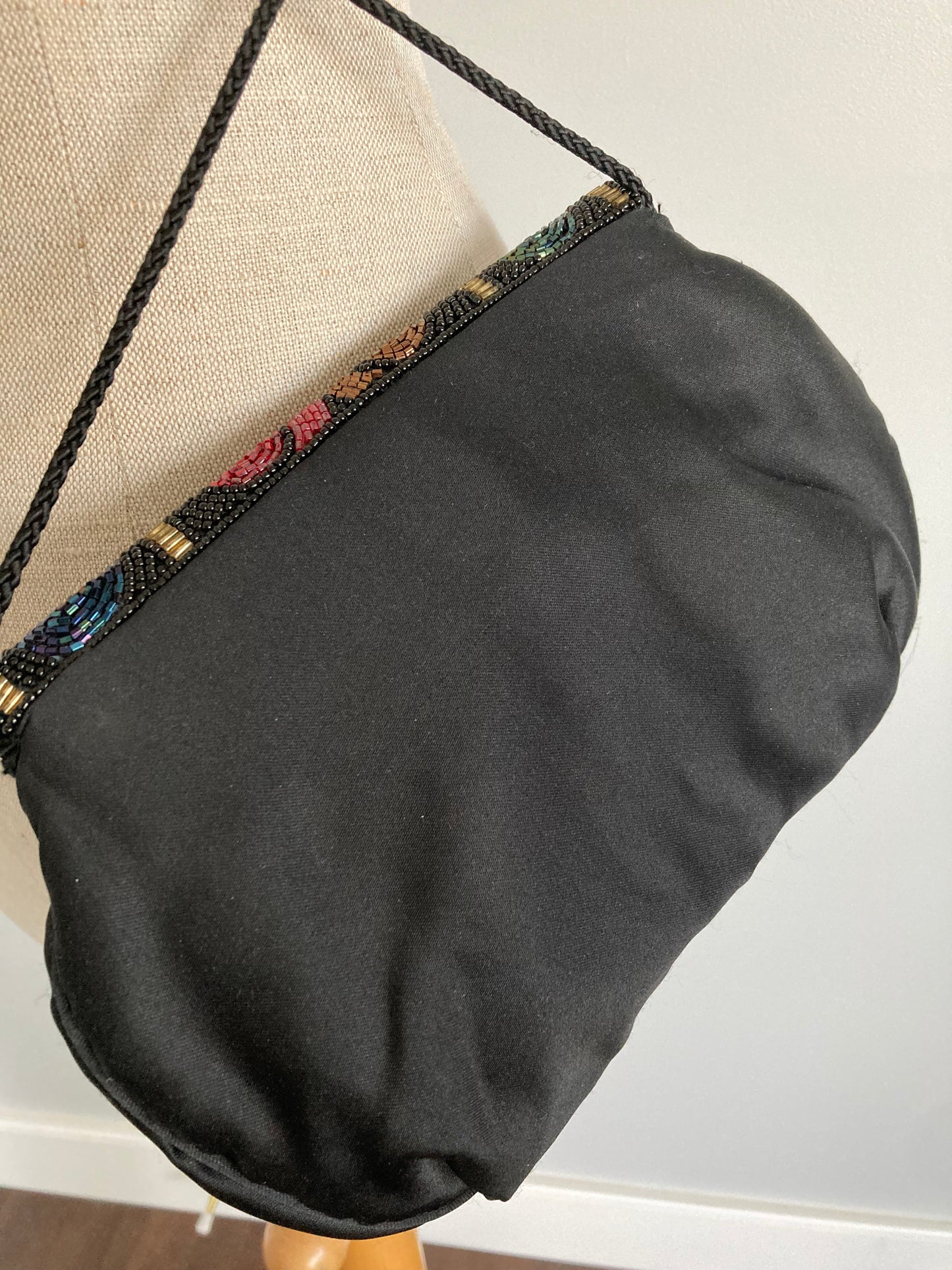 1990s Beaded Black Evening  Bag with Cord Shoulder Strap