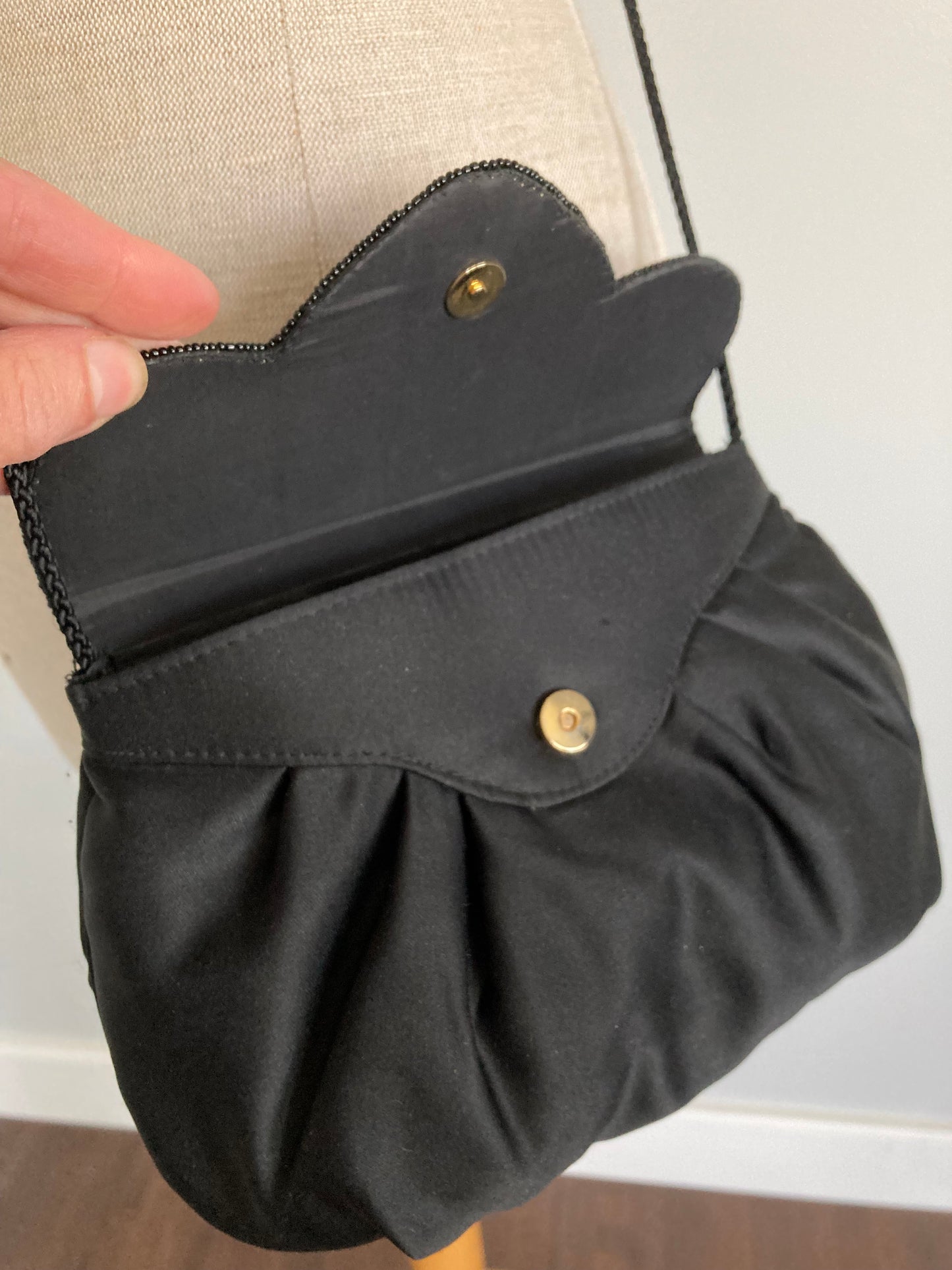 1990s Beaded Black Evening  Bag with Cord Shoulder Strap