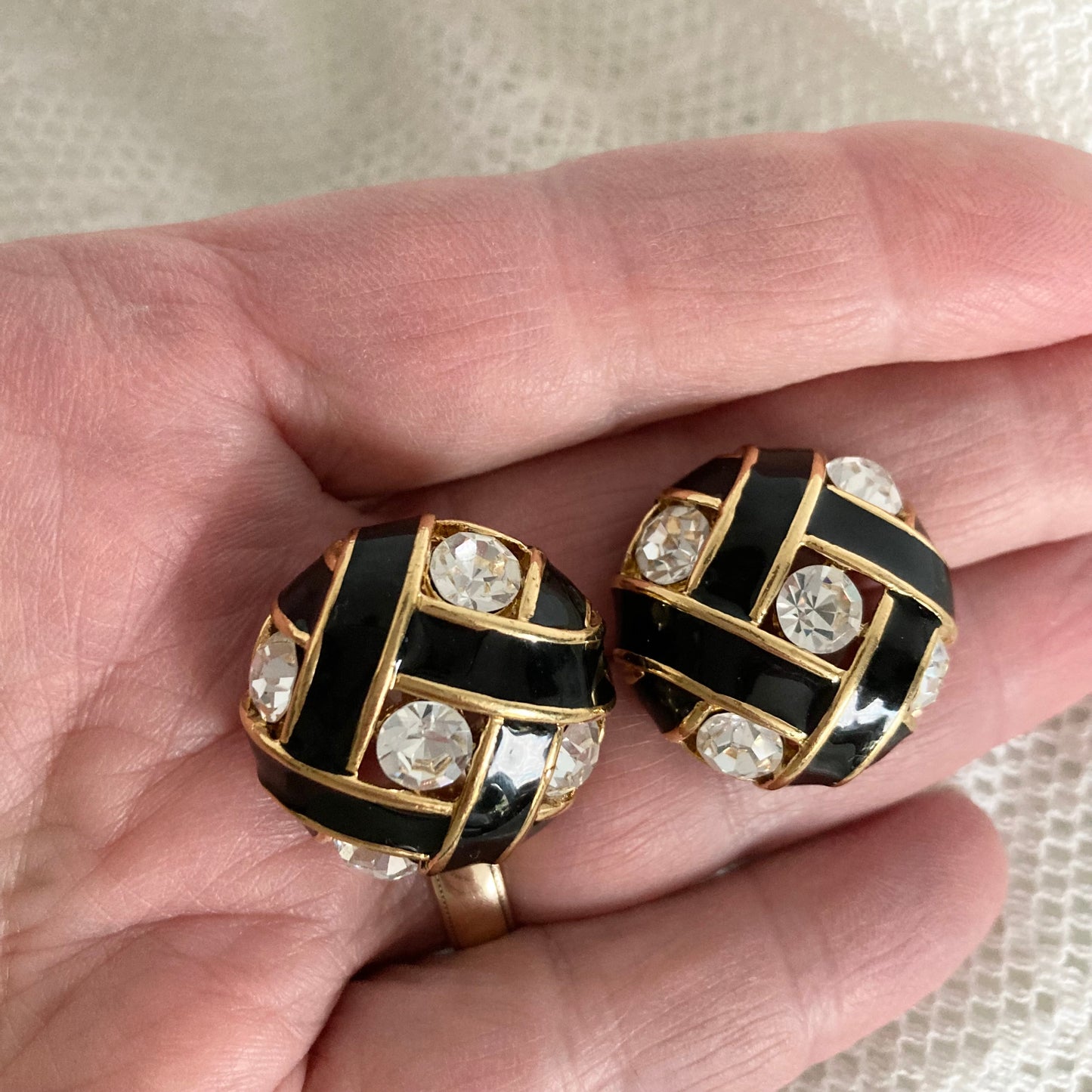 Vintage Vendome Black Enamel and Crystal Pierced Earrings