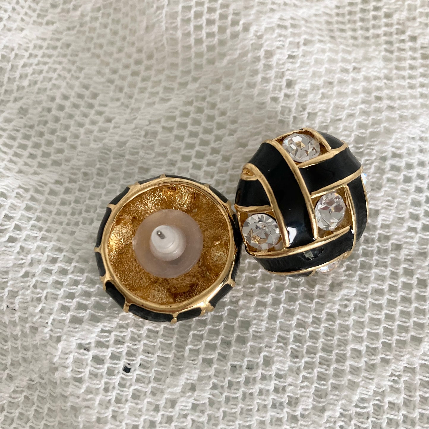 Vintage Vendome Black Enamel and Crystal Pierced Earrings