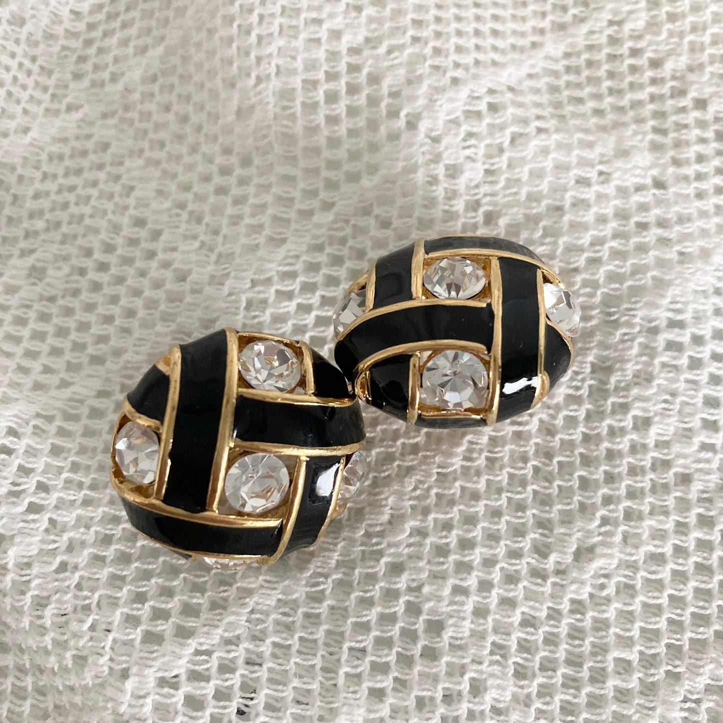 Vintage Vendome Black Enamel and Crystal Pierced Earrings