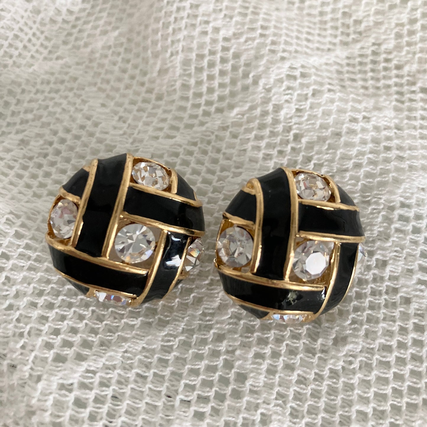 Vintage Vendome Black Enamel and Crystal Pierced Earrings