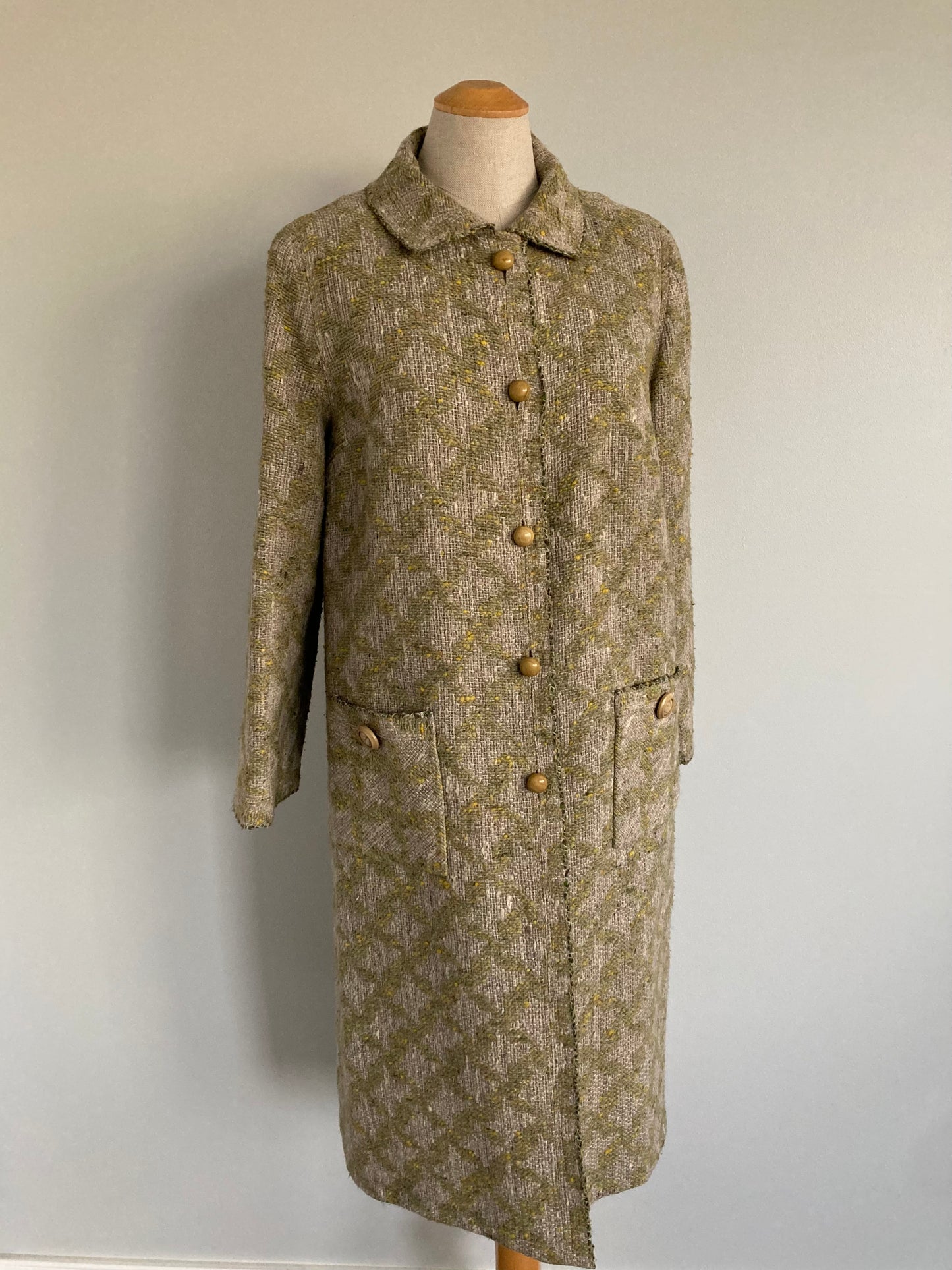 1970s Fenwick Green and Beige Tweed Coat, Size S