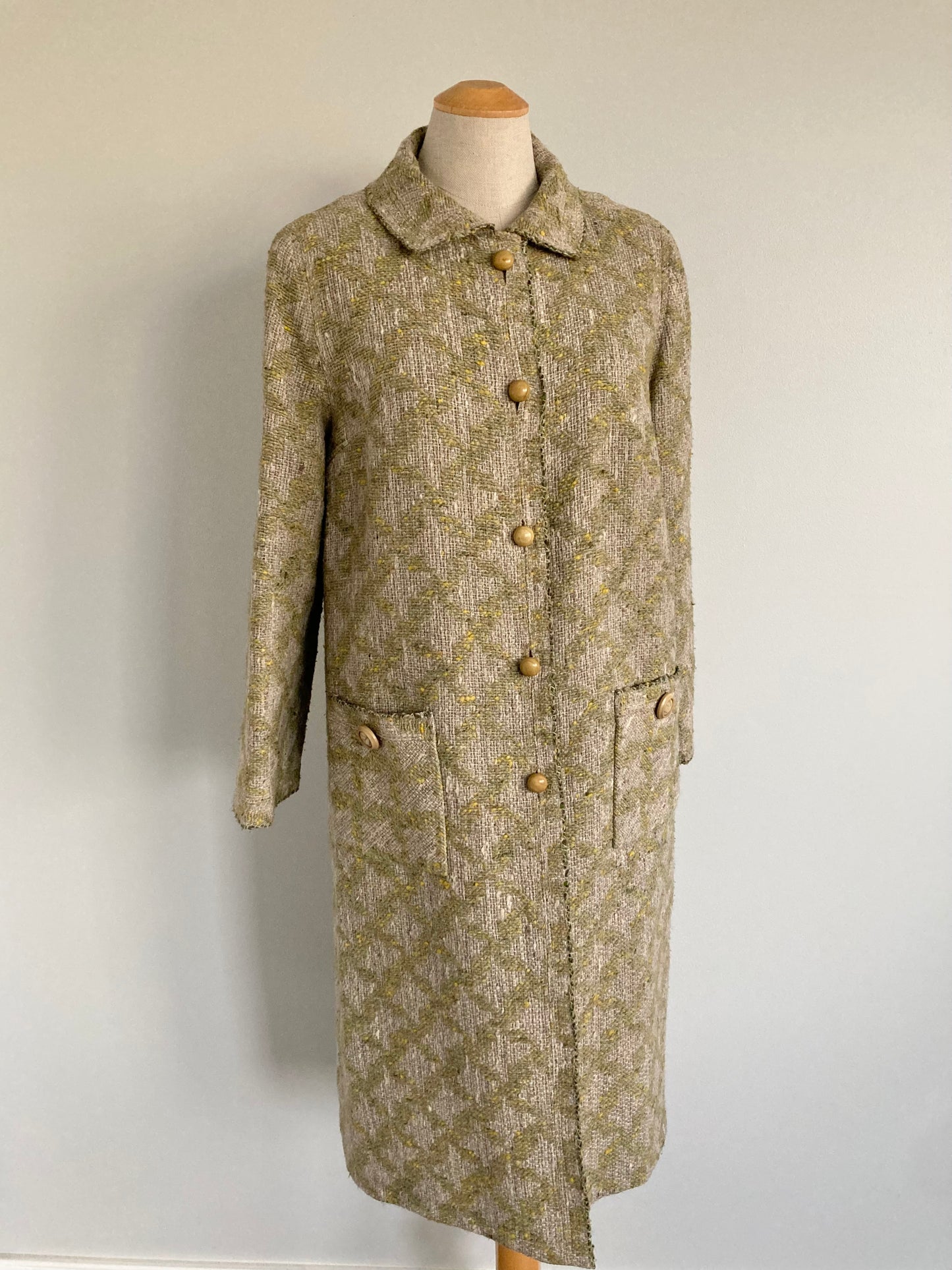 1970s Fenwick Green and Beige Tweed Coat, Size S