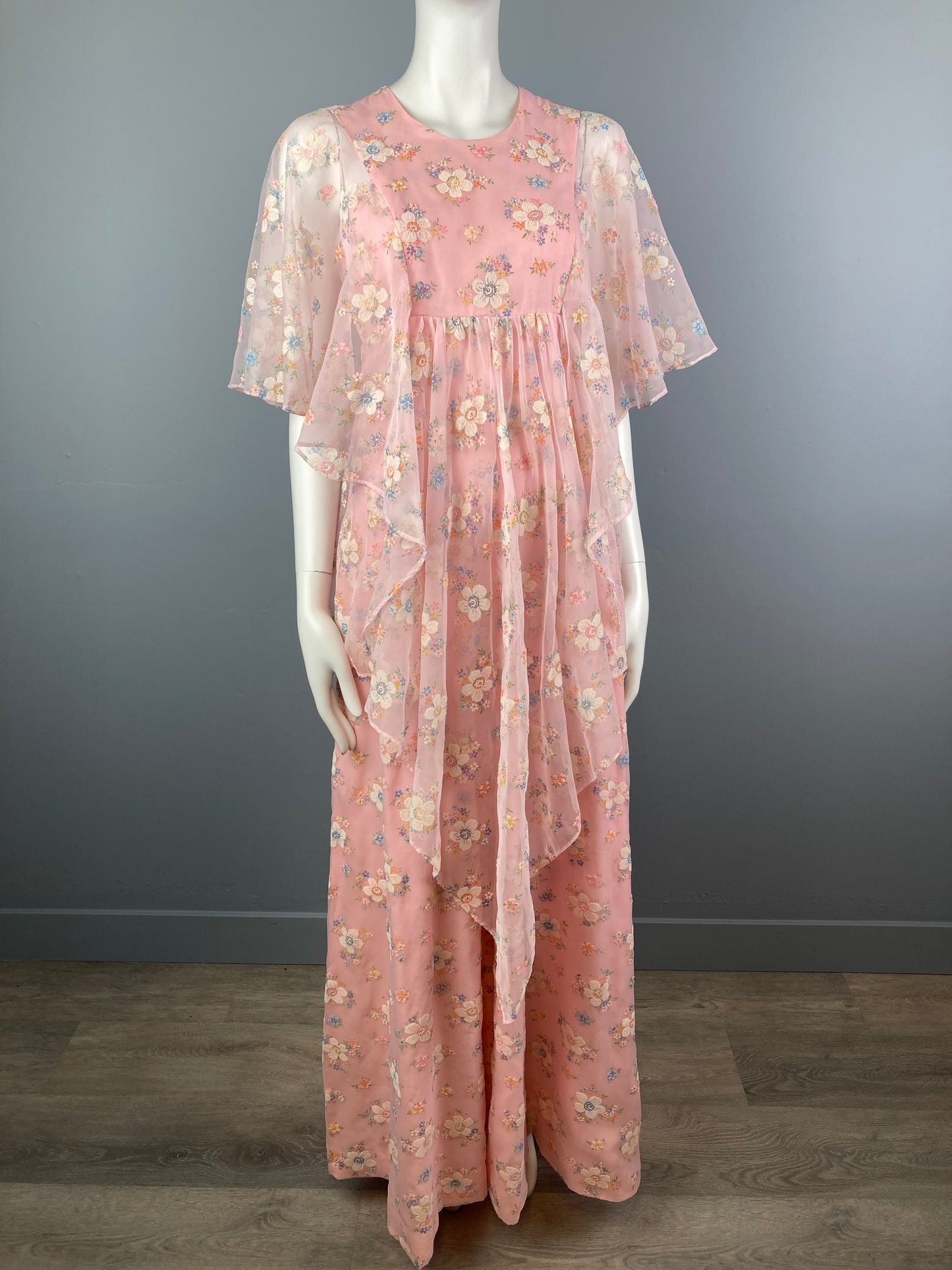 1970s Flocked Floral Maxi Dress, Size S, 70s Boho Angel Sleeve Maxi