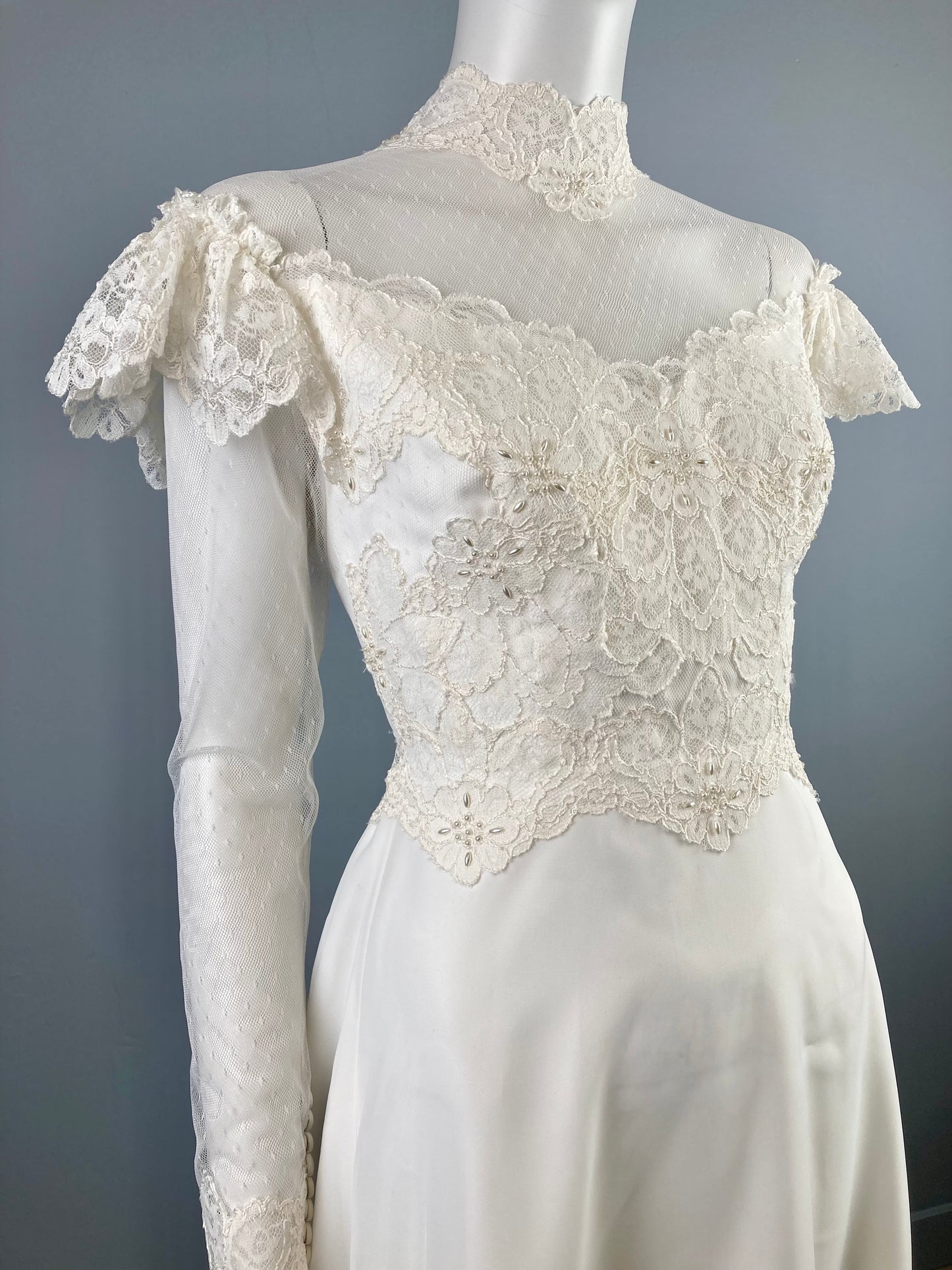 Beautiful 1970s Victorian Inspired Wedding Dress, Size S, "Sharon" vintage wedding dress