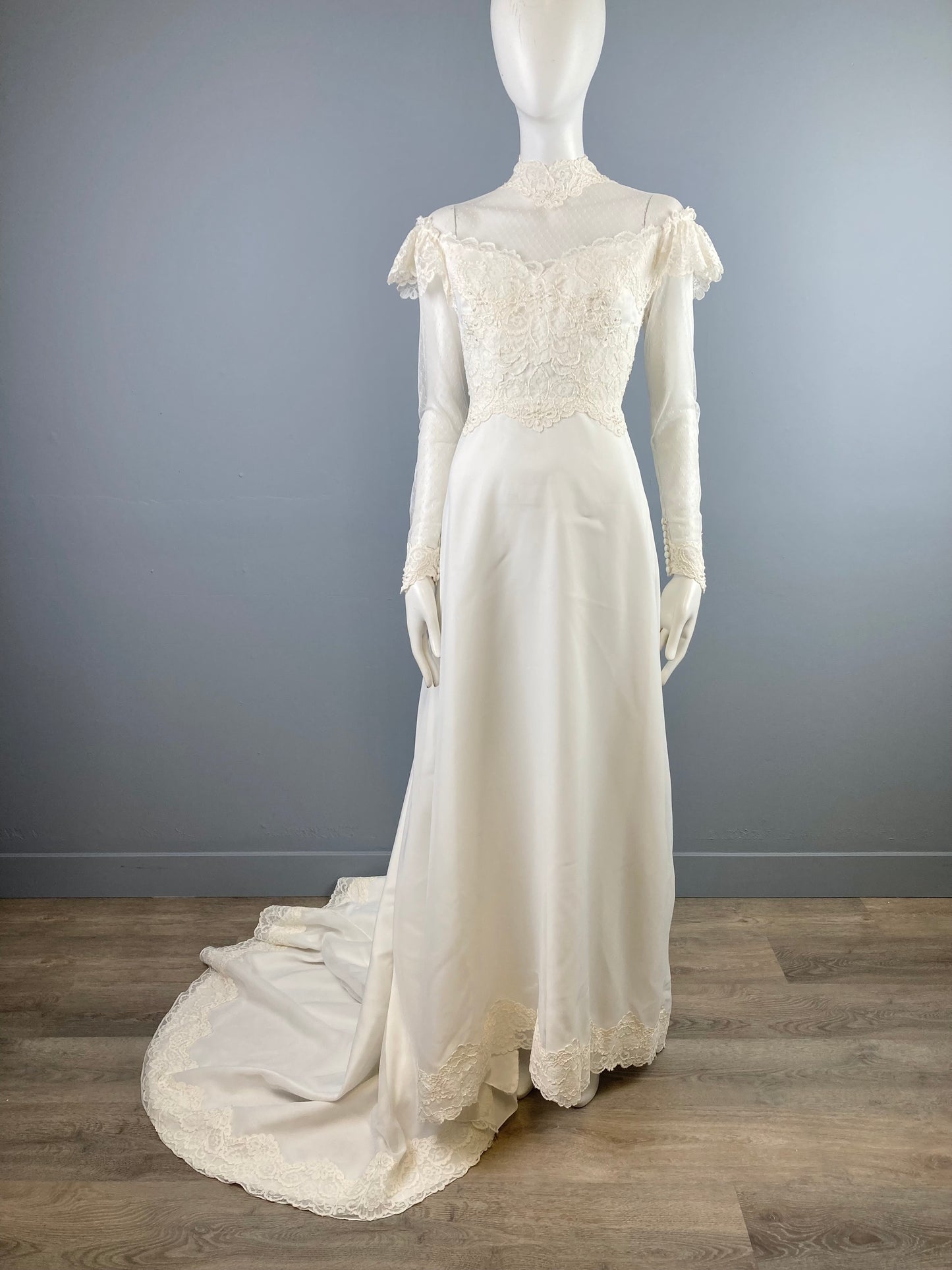 Beautiful 1970s Victorian Inspired Wedding Dress, Size S, "Sharon" vintage wedding dress