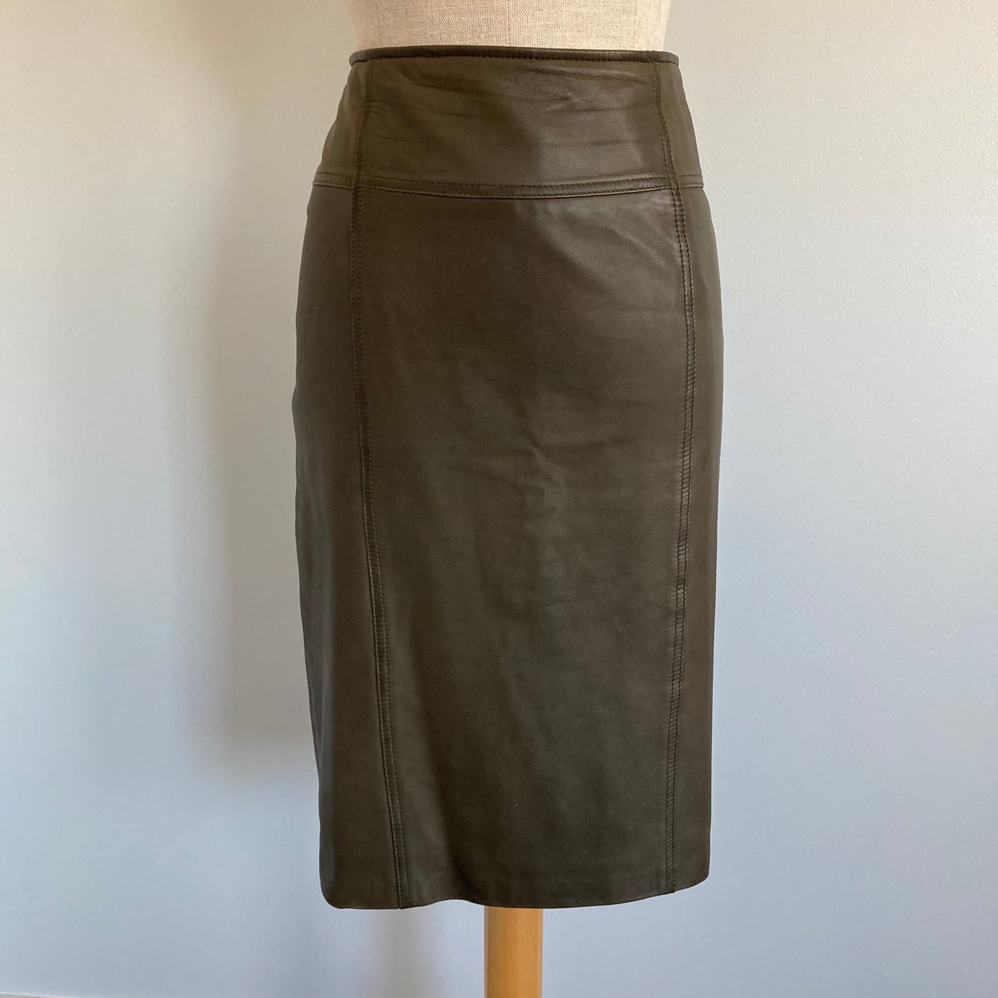 90s Olive Green Leather Pencil Skirt, Size 8 (M)