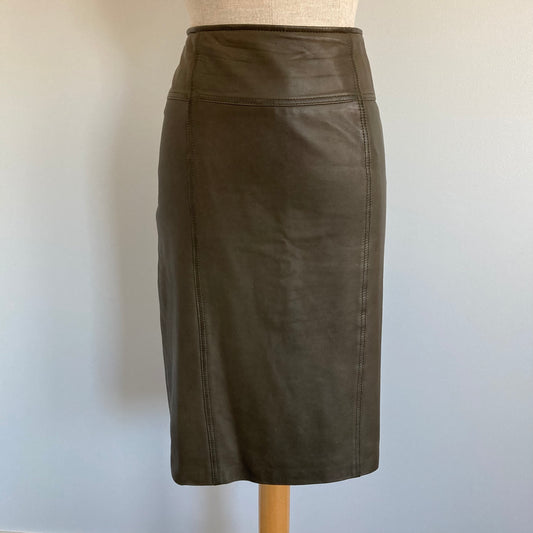 90s Olive Green Leather Pencil Skirt, Size 8 (M)