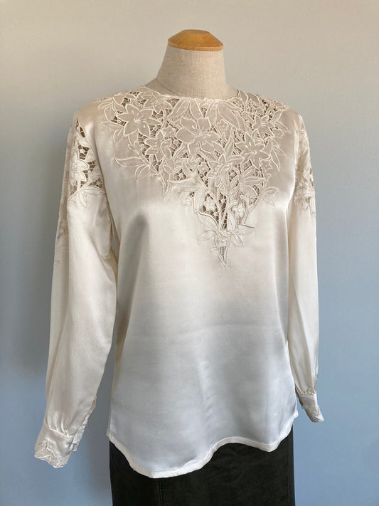 80s Hand Embroidered Silk Long Sleeve Blouse, Size M (36)