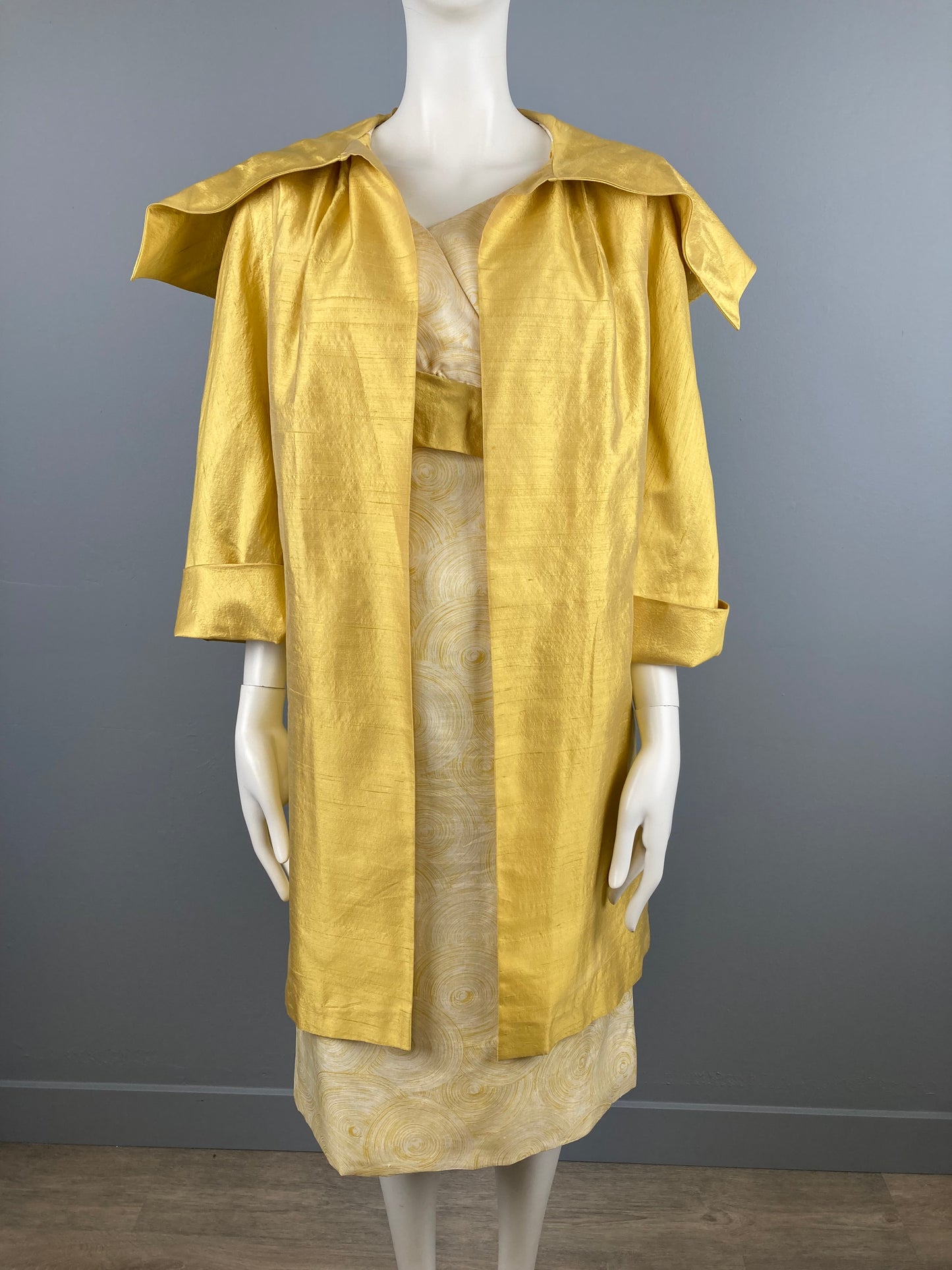 1950s Gold Silk Bombshell Dress & Matching Swing Coat, Size S