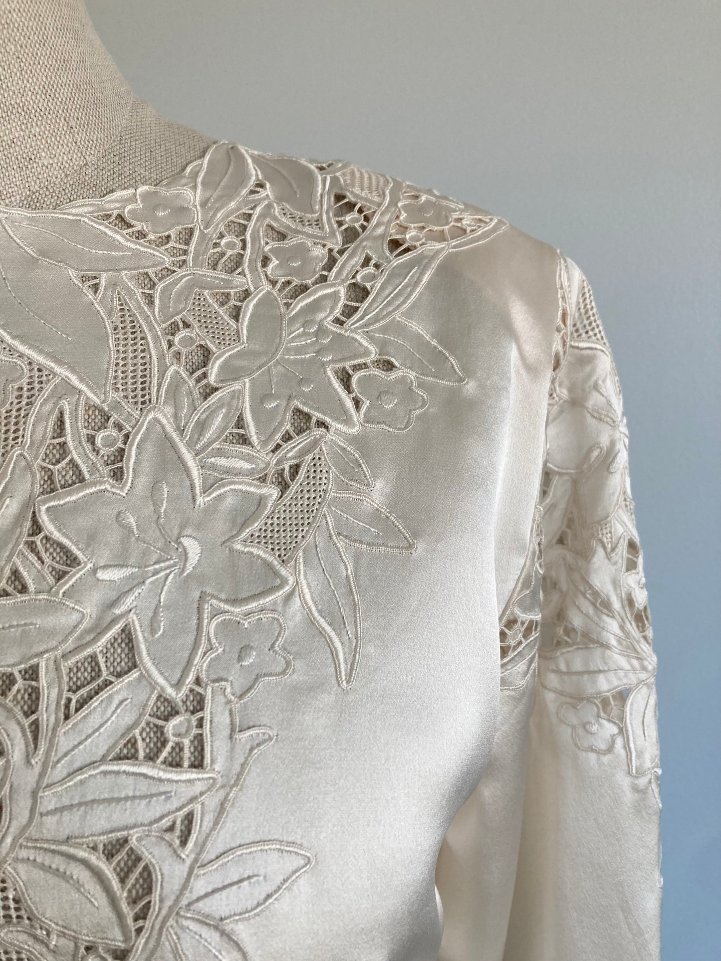 80s Hand Embroidered Silk Long Sleeve Blouse, Size M (36)