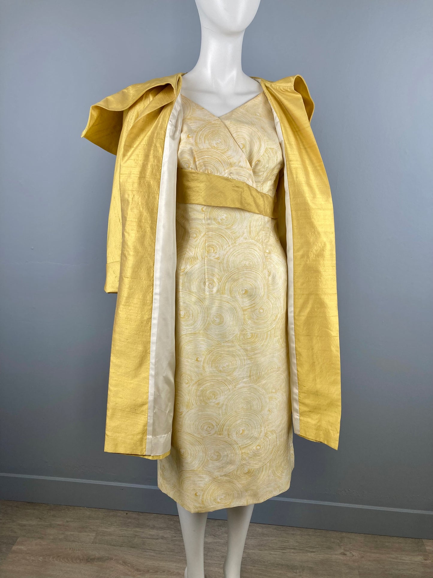 1950s Gold Silk Bombshell Dress & Matching Swing Coat, Size S