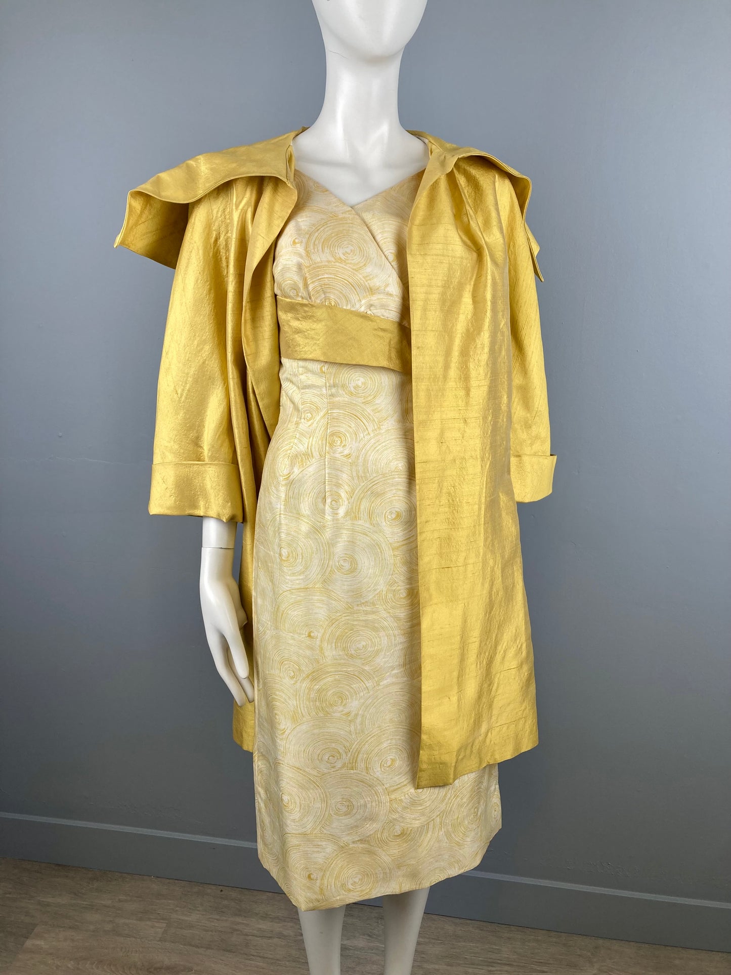 1950s Gold Silk Bombshell Dress & Matching Swing Coat, Size S