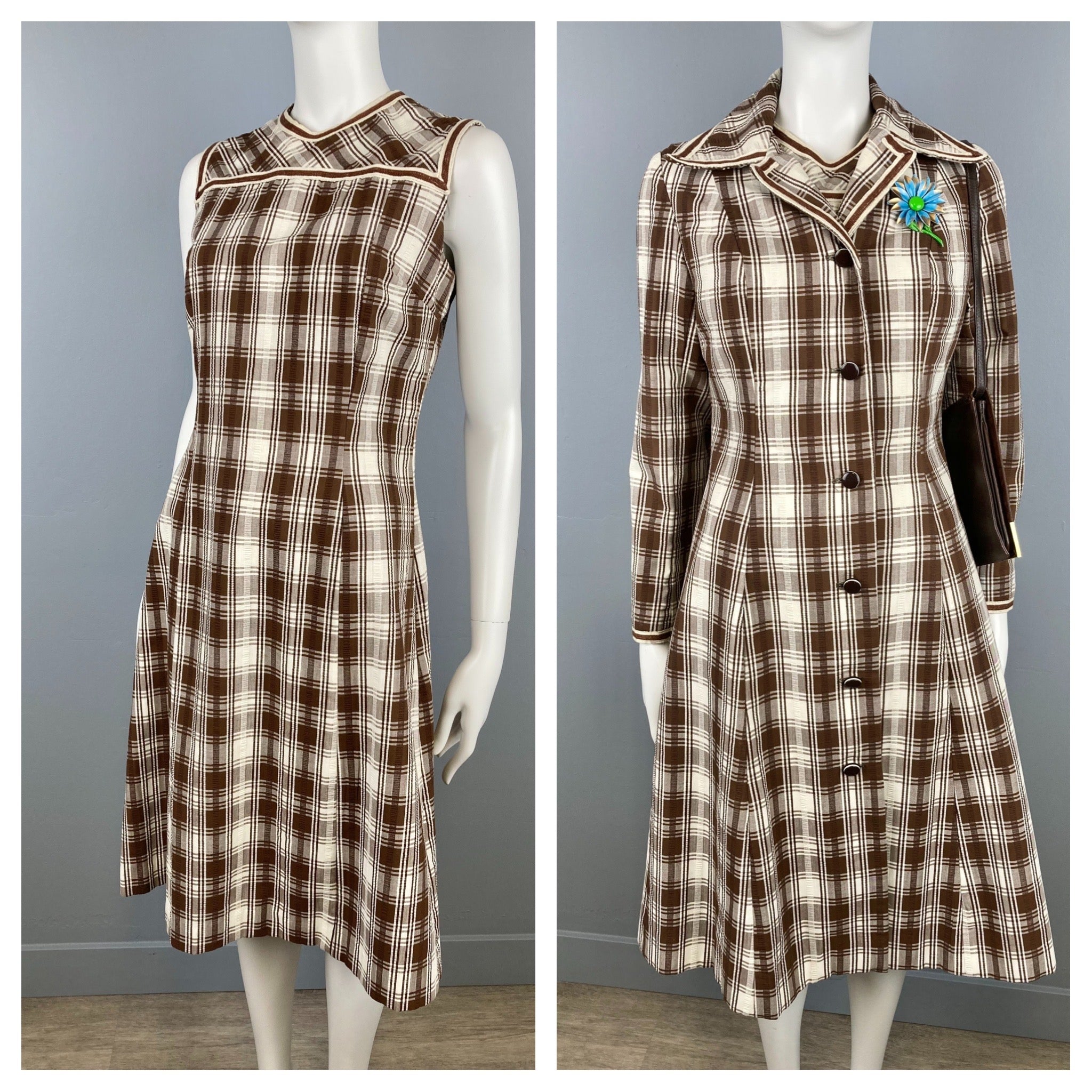 60 70s Mod Plaid Dress Coat Set Designer Vintage Seersucker Dress Suit