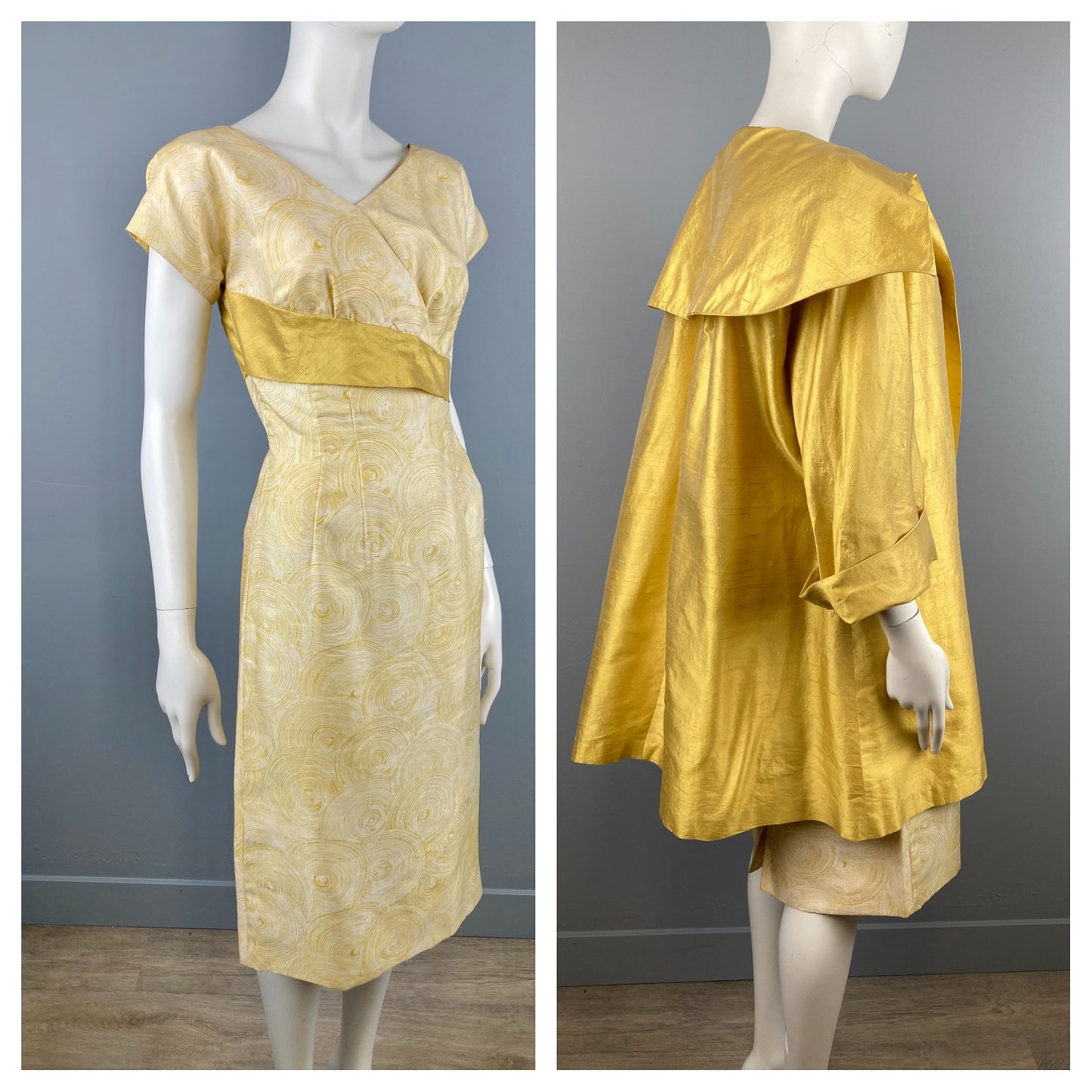 1950s Gold Silk Bombshell Dress & Matching Swing Coat, Size S