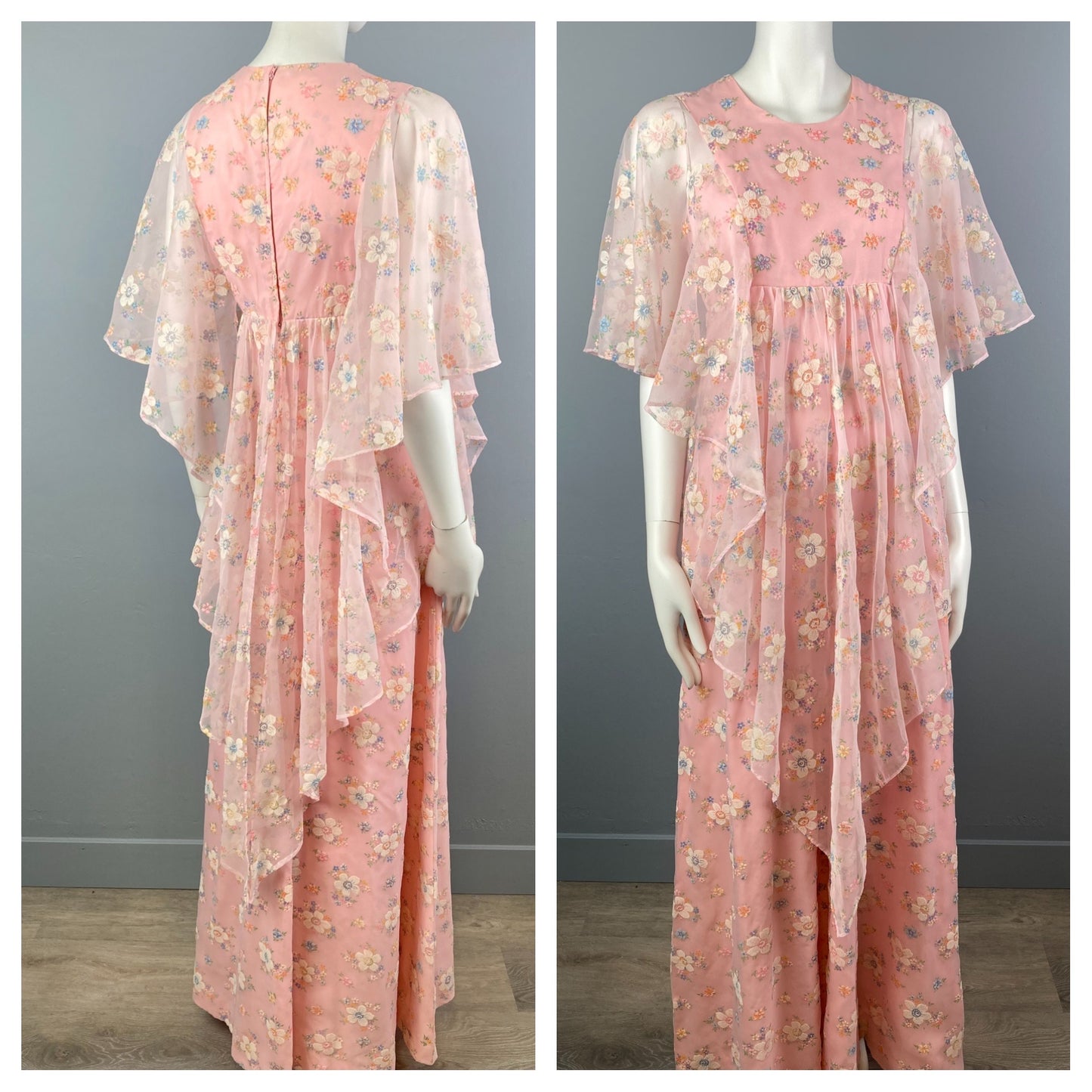 1970s Flocked Floral Maxi Dress, Size S, 70s Boho Angel Sleeve Maxi