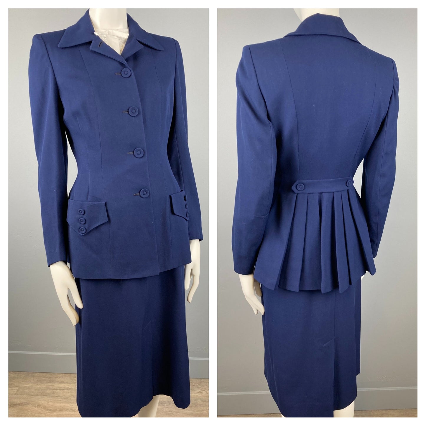 1940/50s Navy Blue Skirt & Jacket Suit, Size XS, Vintage Gabardine Suit