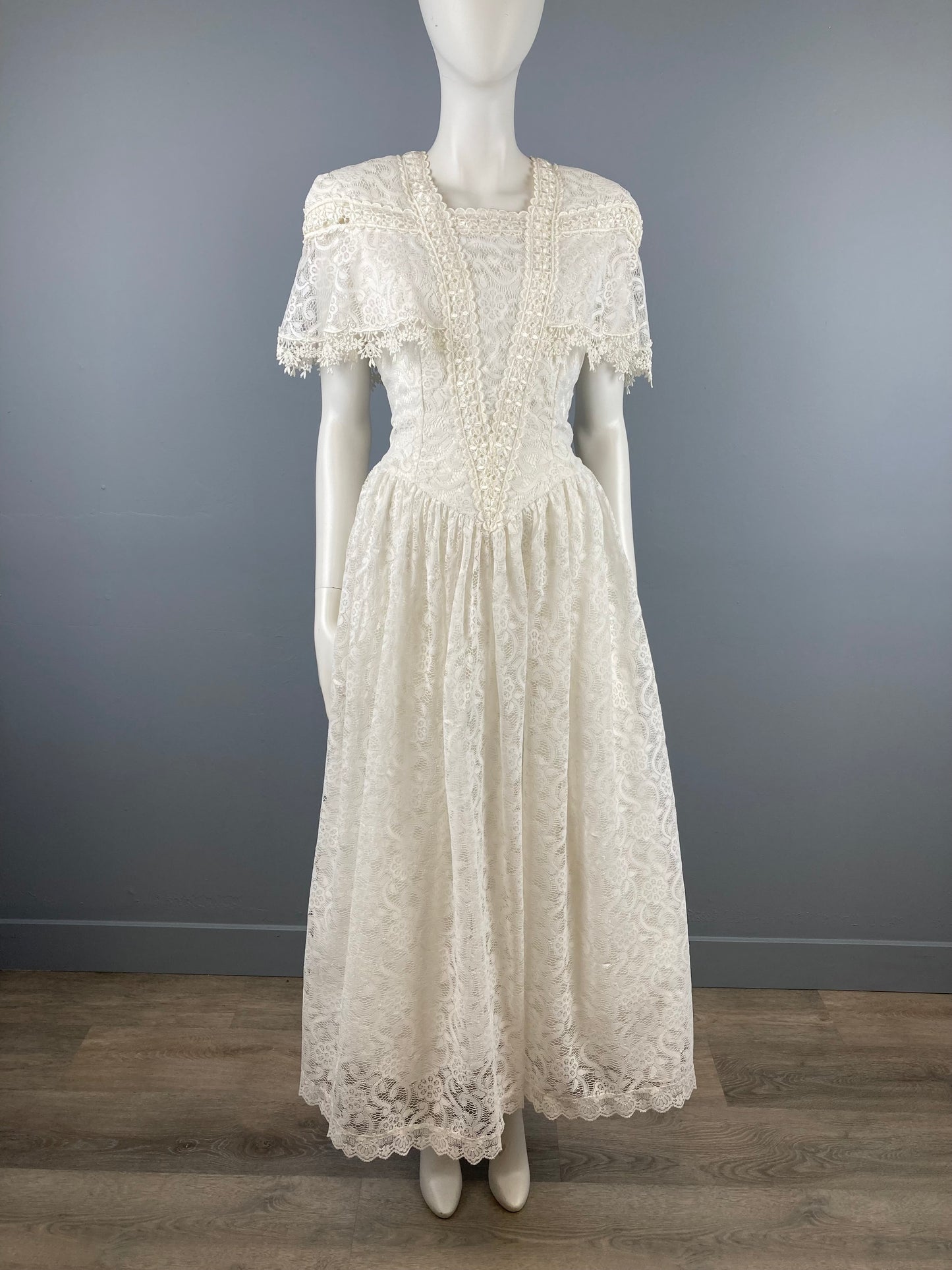 Jessica McClintock White Tea Length Lace Dress, Size M, Vintage Lace Dress