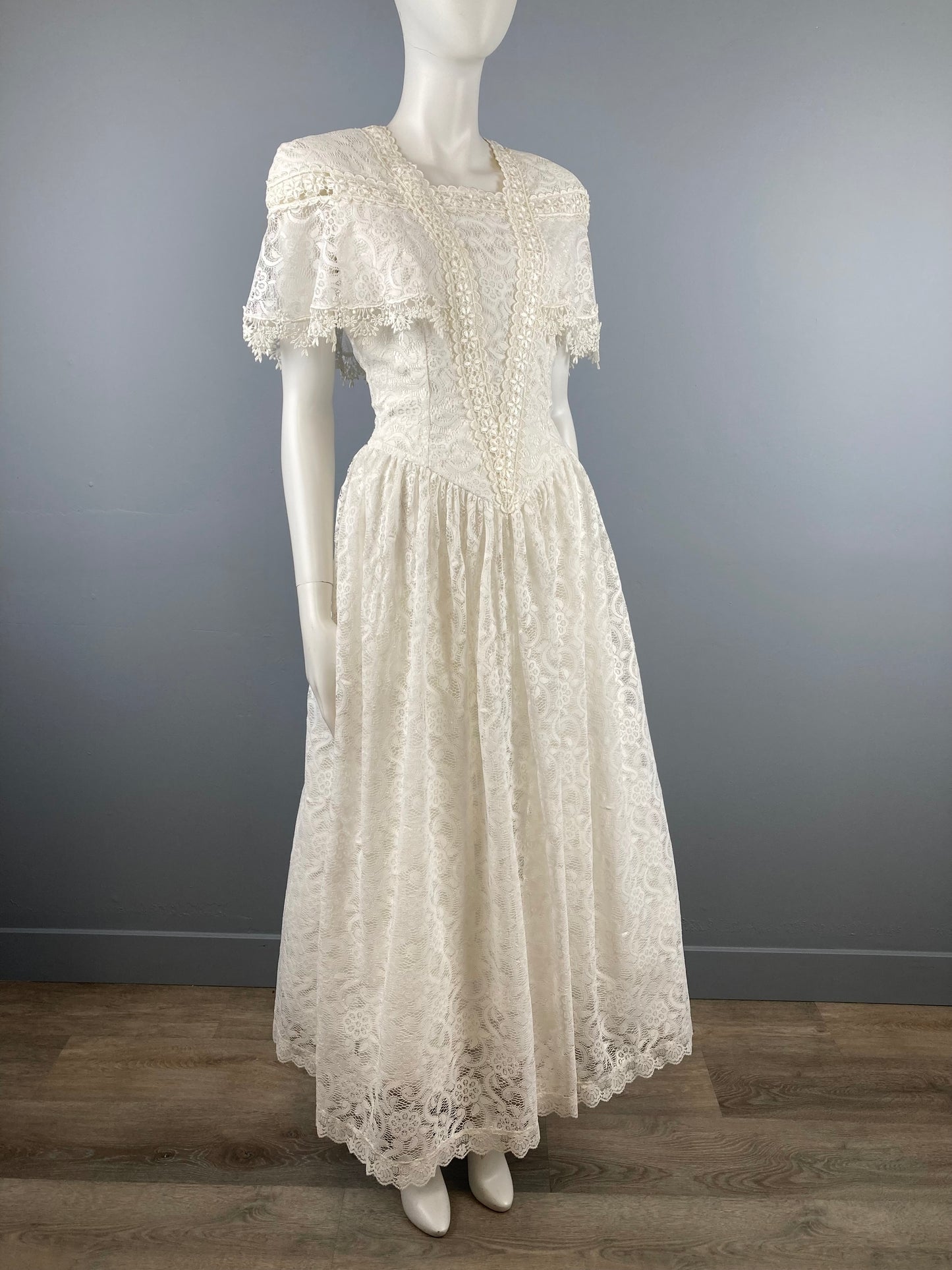 Jessica McClintock White Tea Length Lace Dress, Size M, Vintage Lace Dress