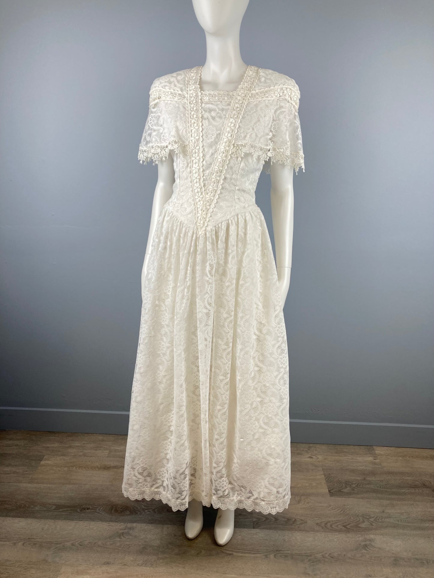 Jessica McClintock White Tea Length Lace Dress, Size M, Vintage Lace Dress