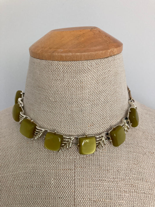 60s Olive Green Moonglow Thermoset Necklace, Vintage Thermoset Choker