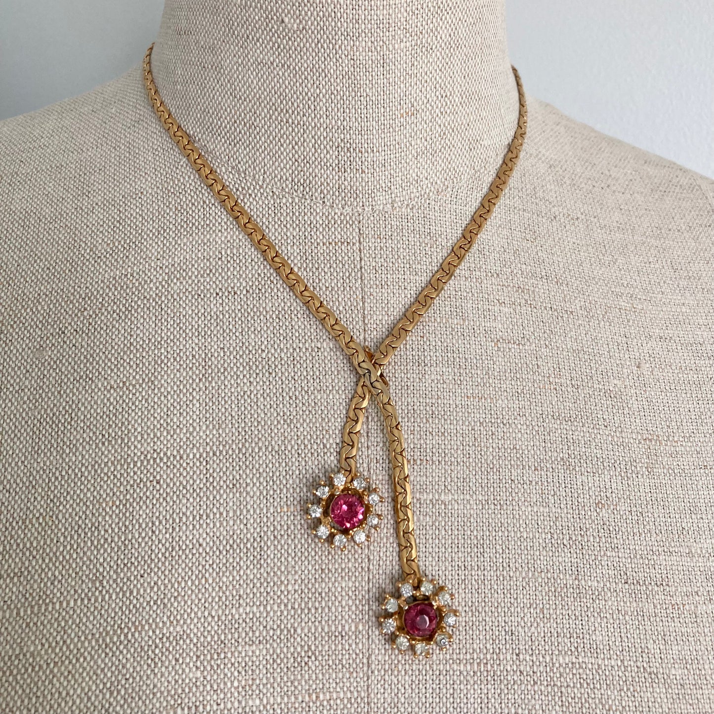 1970s Pink Rhinestone Flower Necklace, Adjustable Vintage Choker