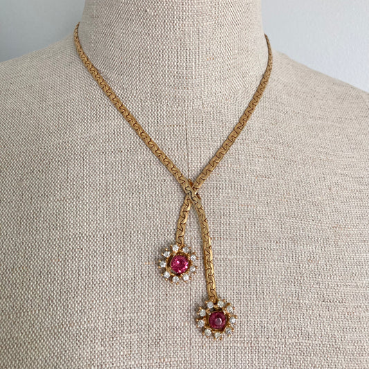 1970s Pink Rhinestone Flower Necklace, Adjustable Vintage Choker