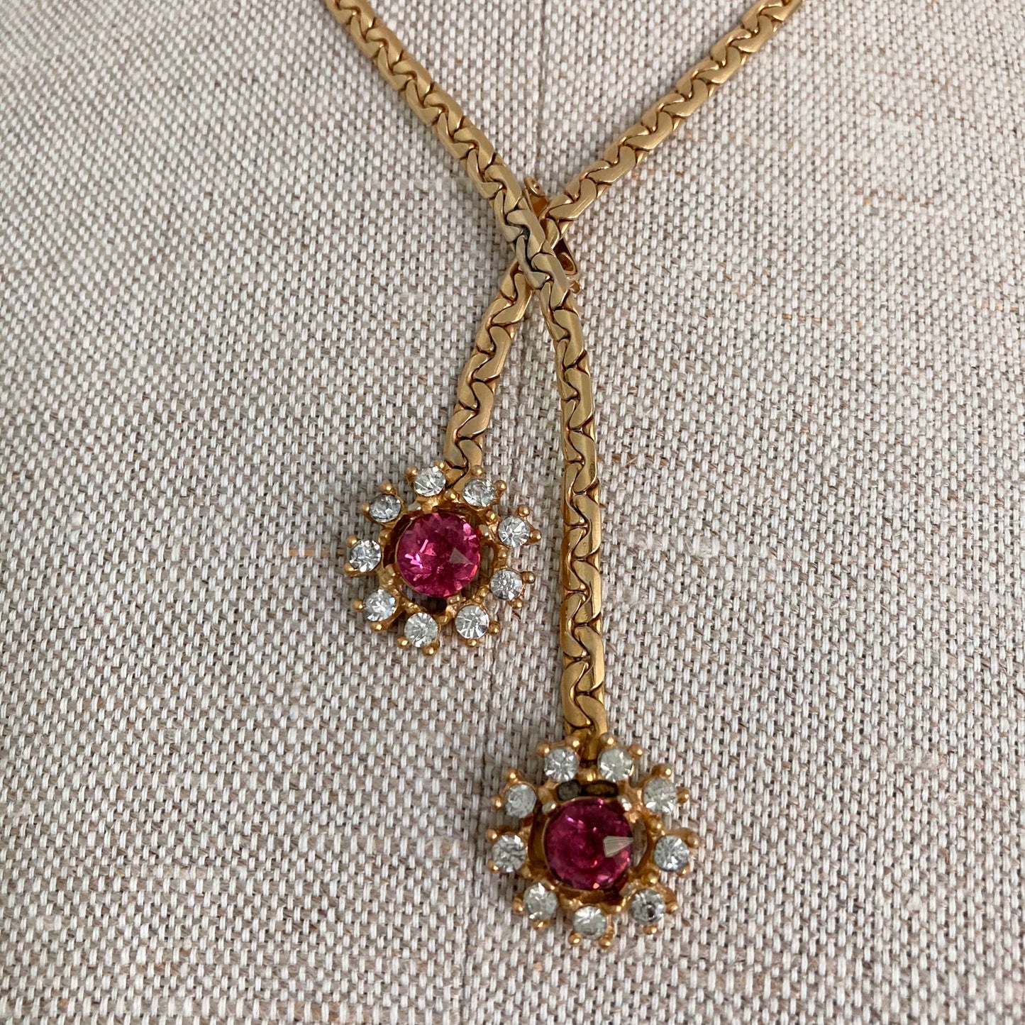 1970s Pink Rhinestone Flower Necklace, Adjustable Vintage Choker